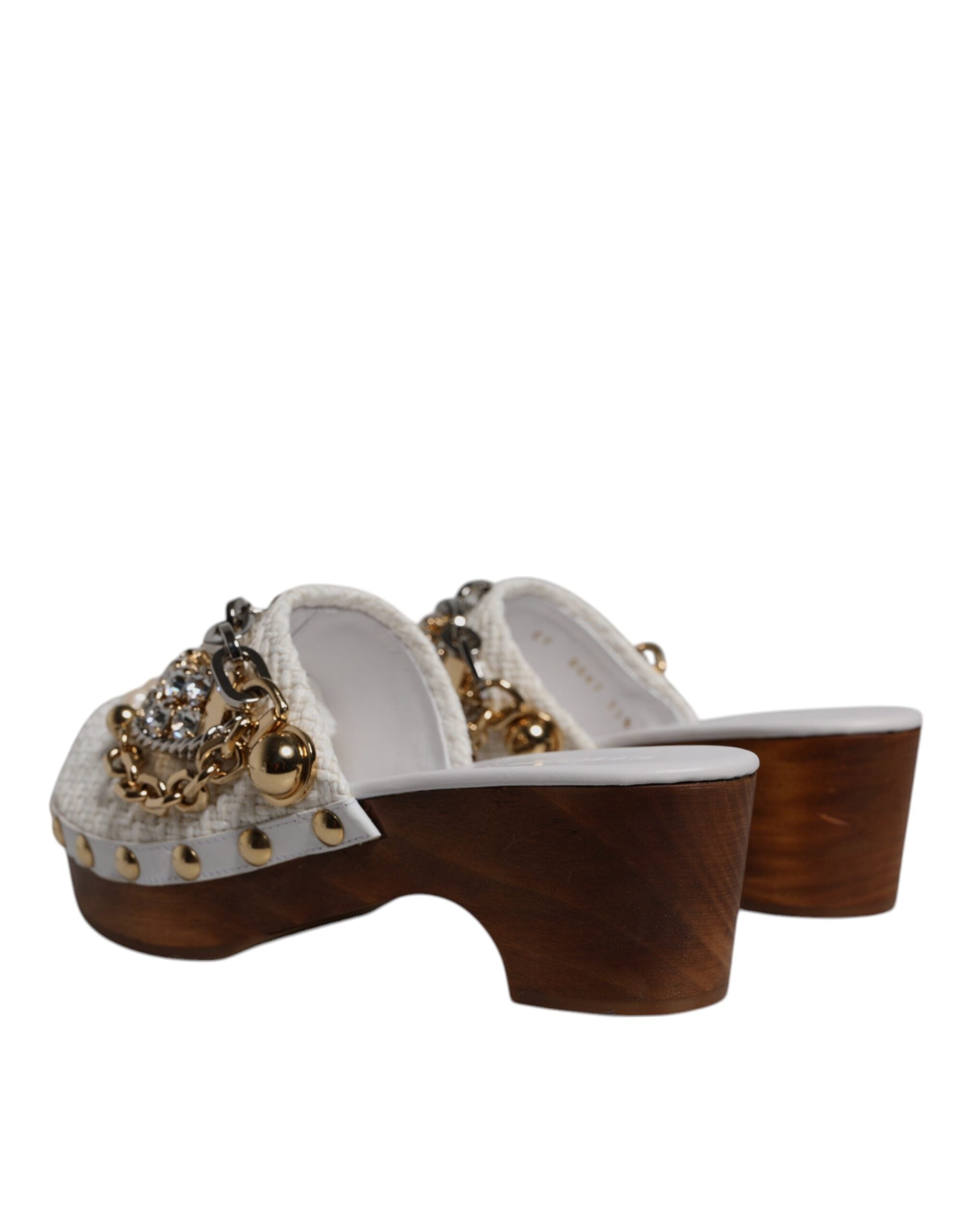 White Raffia Clogs Bejeweled Chain Sandals Shoes - ventzia