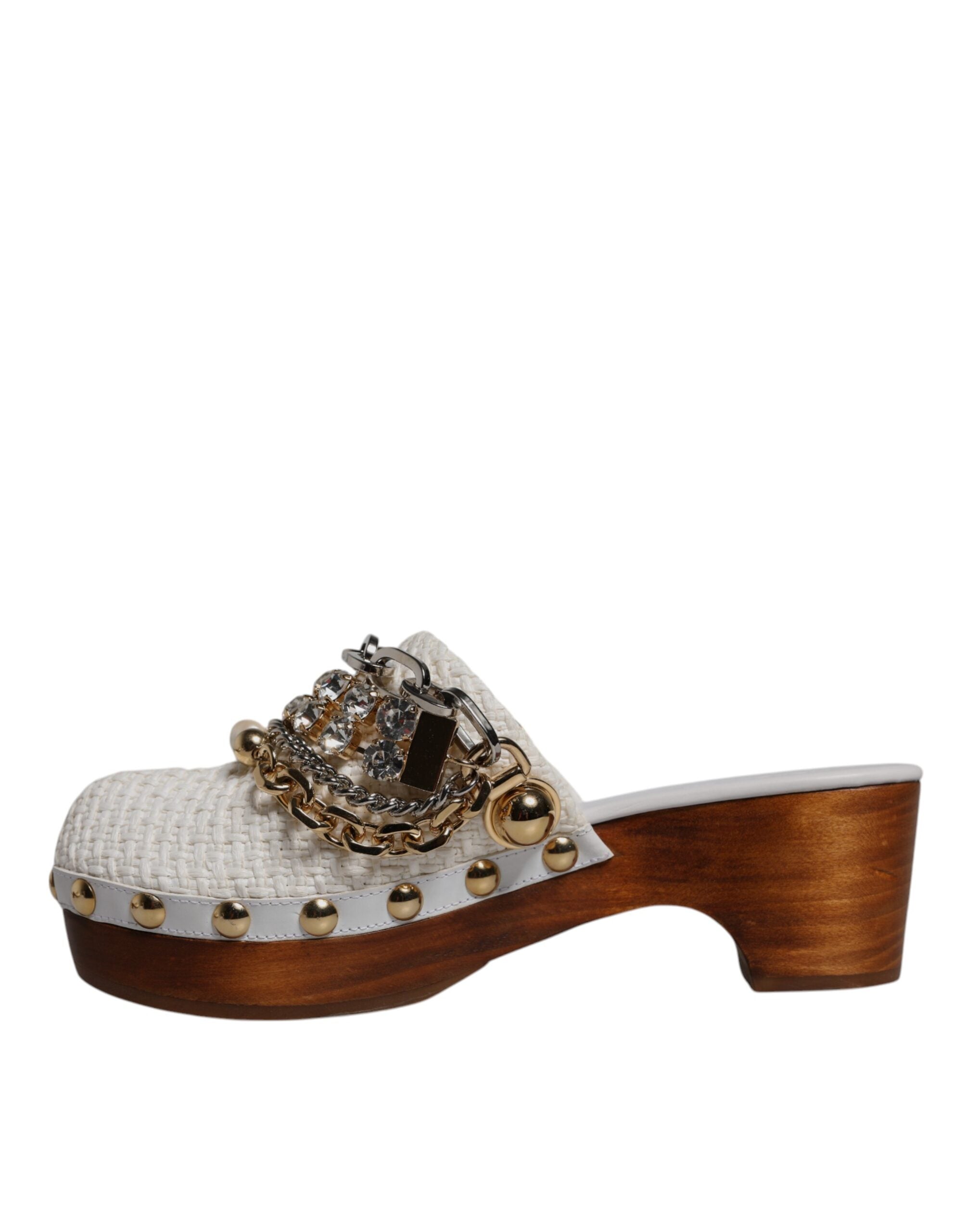White Raffia Clogs Bejeweled Chain Sandals Shoes - ventzia