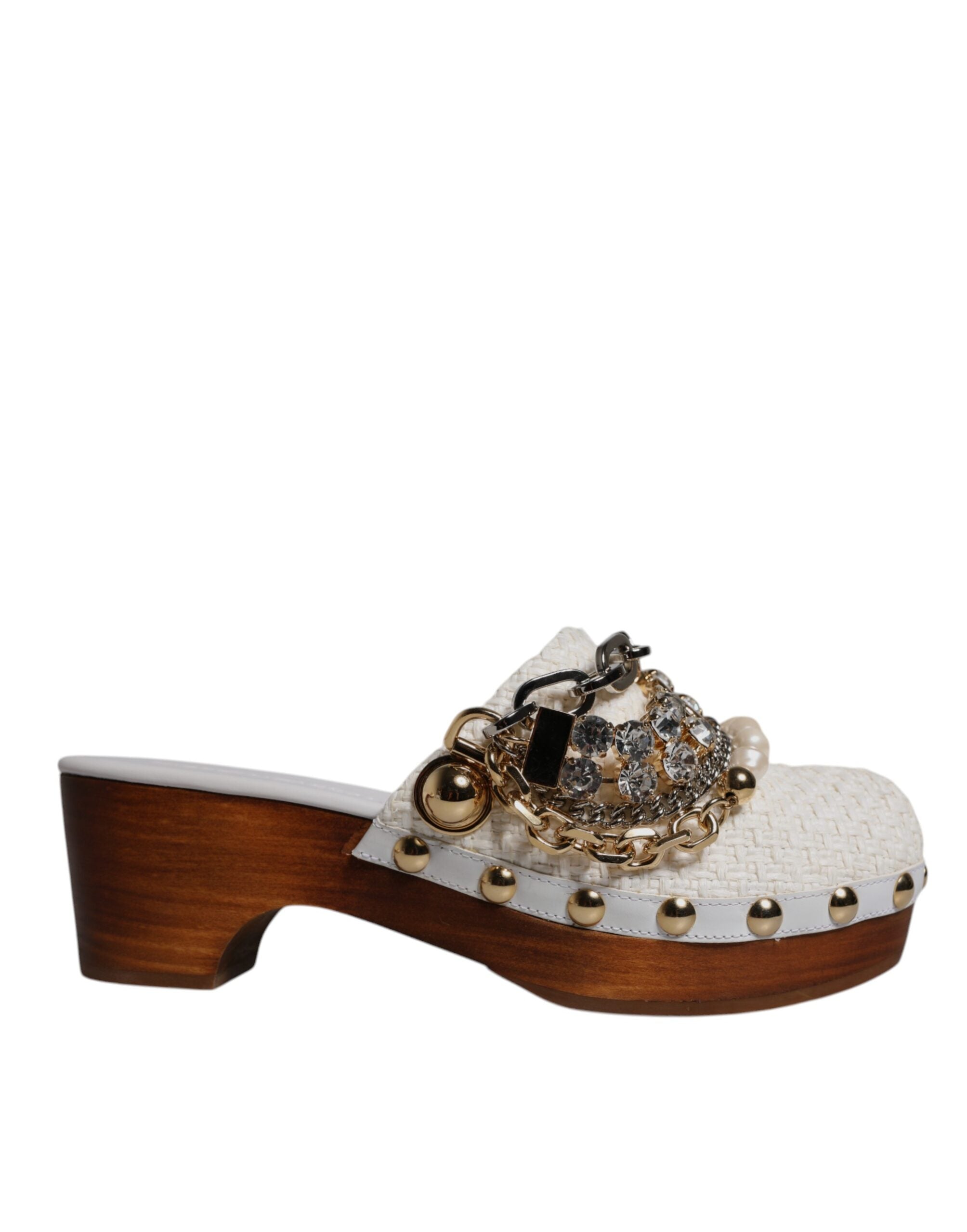 White Raffia Clogs Bejeweled Chain Sandals Shoes - ventzia