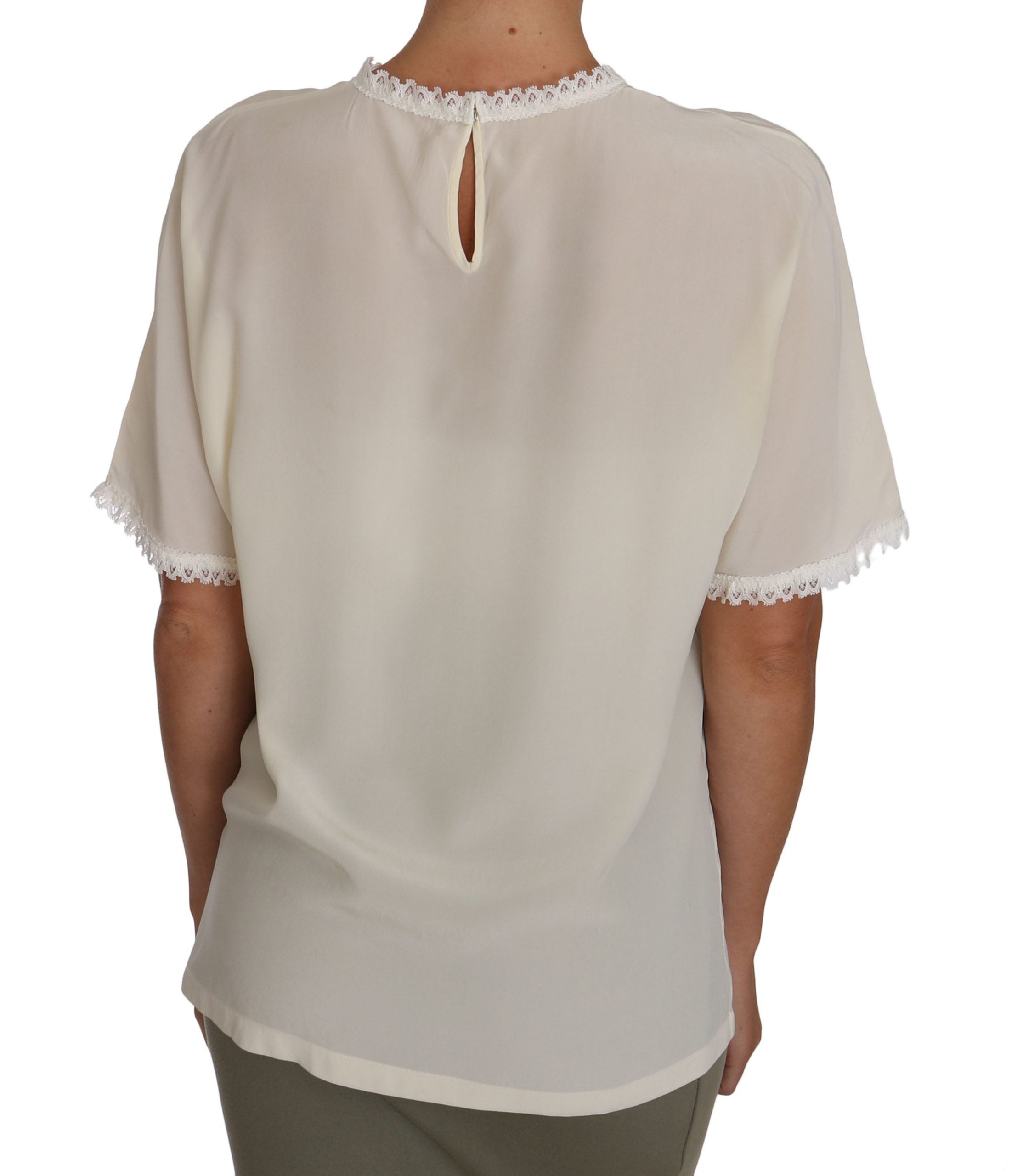 Cream Silk Lace-Detailed Blouse Top - ventzia