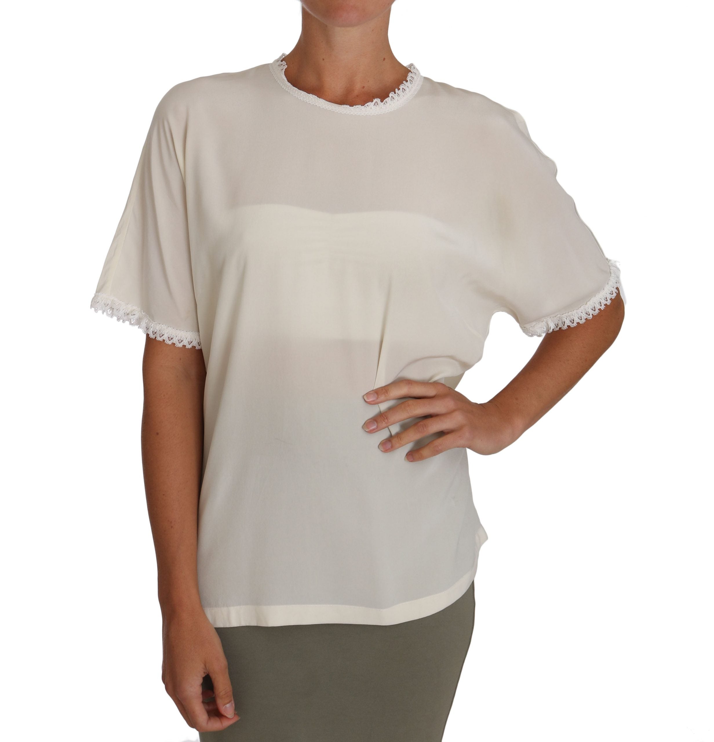 Cream Silk Lace-Detailed Blouse Top - ventzia