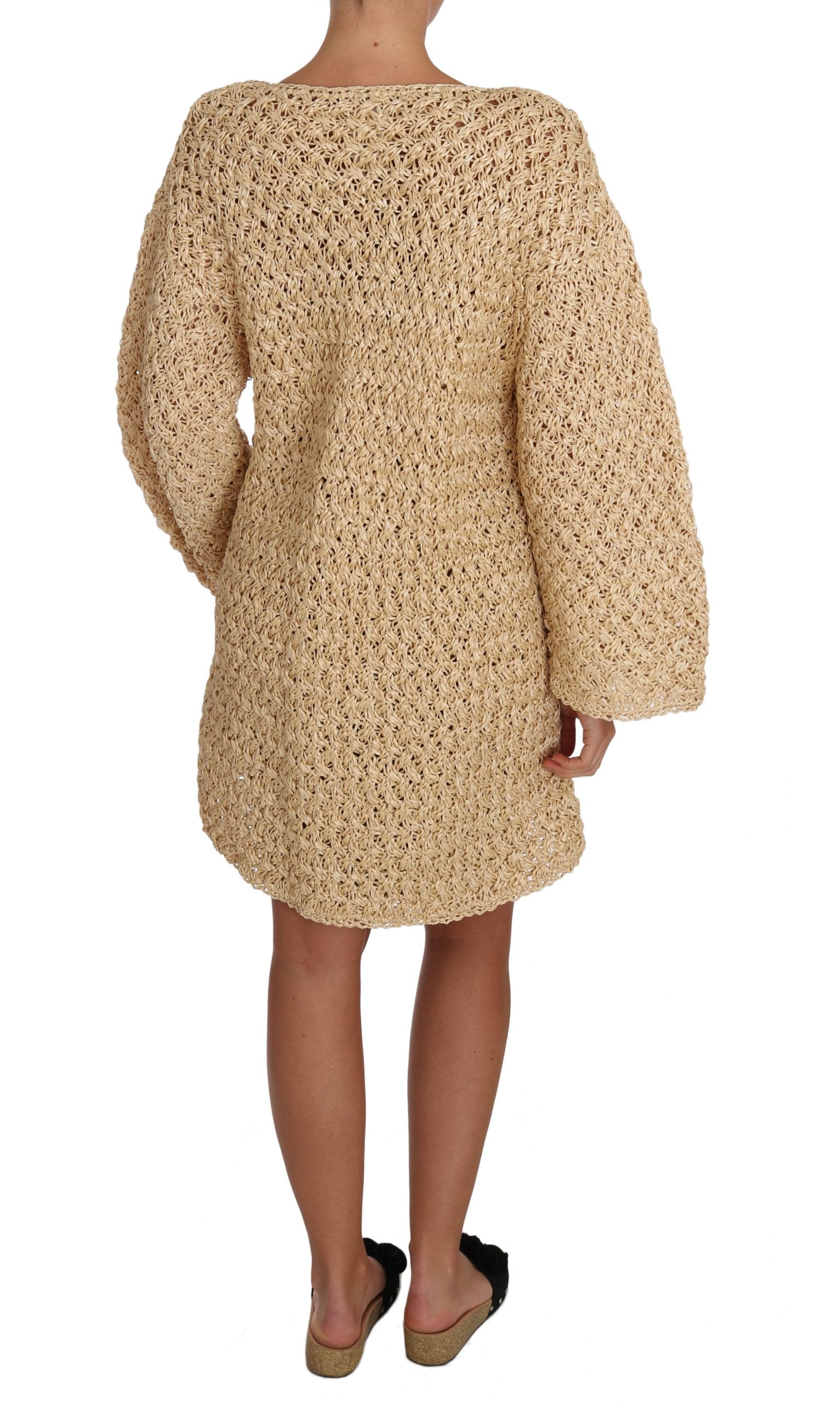 Chic Beige Crochet Knitted Raffia Cardigan - ventzia