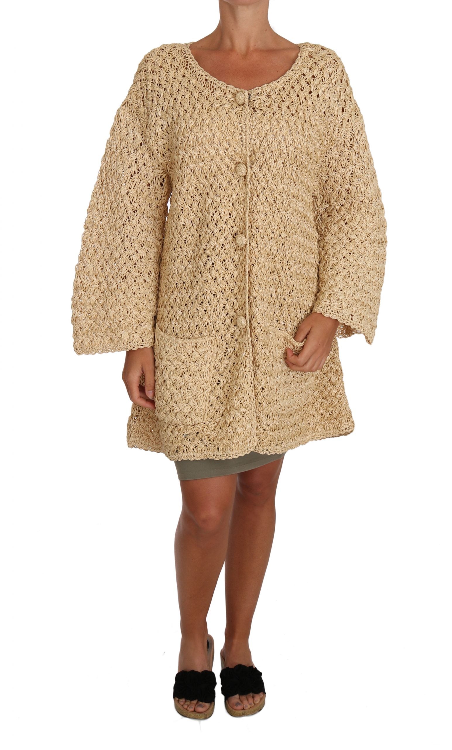 Chic Beige Crochet Knitted Raffia Cardigan - ventzia