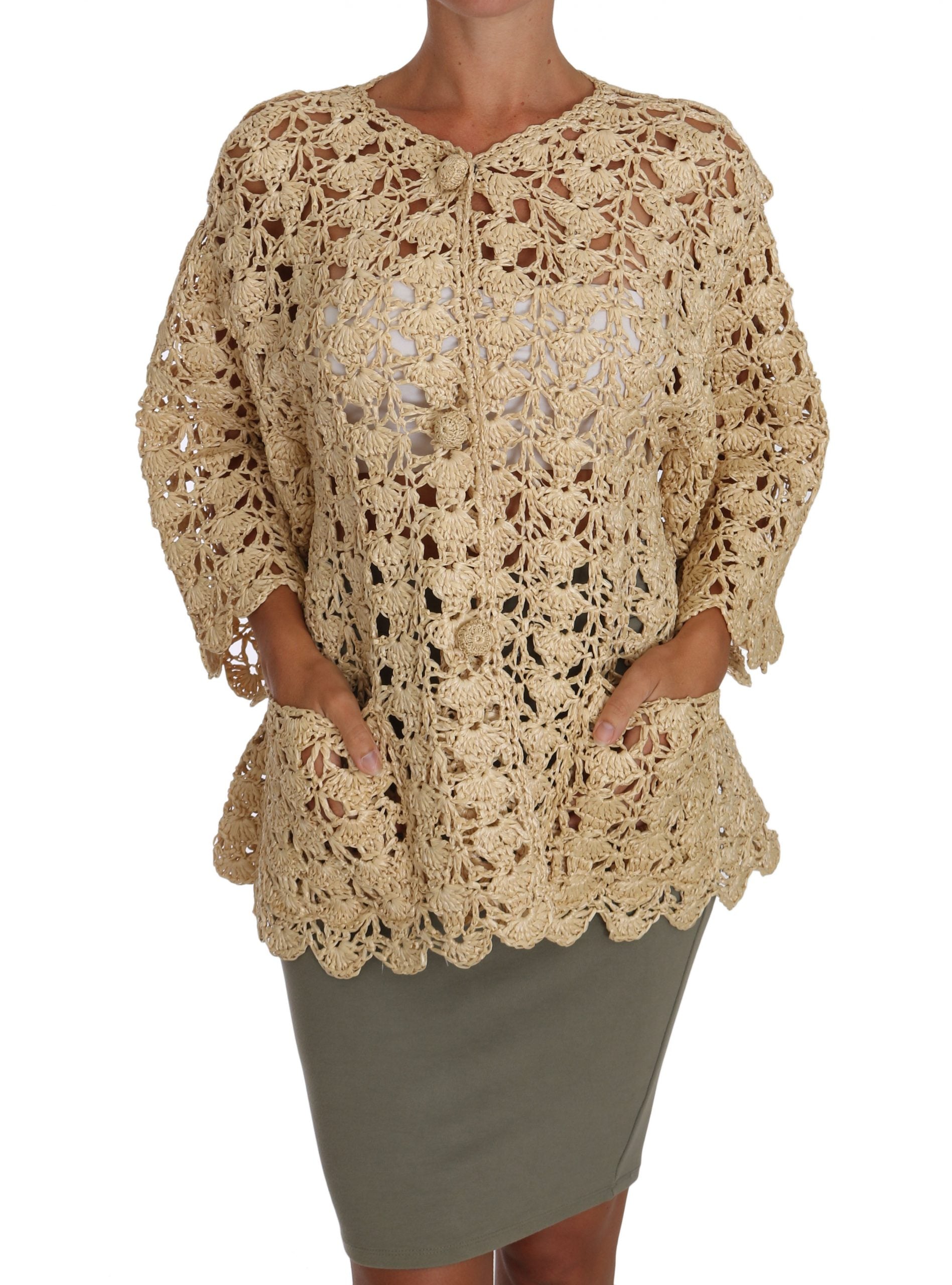 Chic Beige Crochet Raffia Cardigan - ventzia