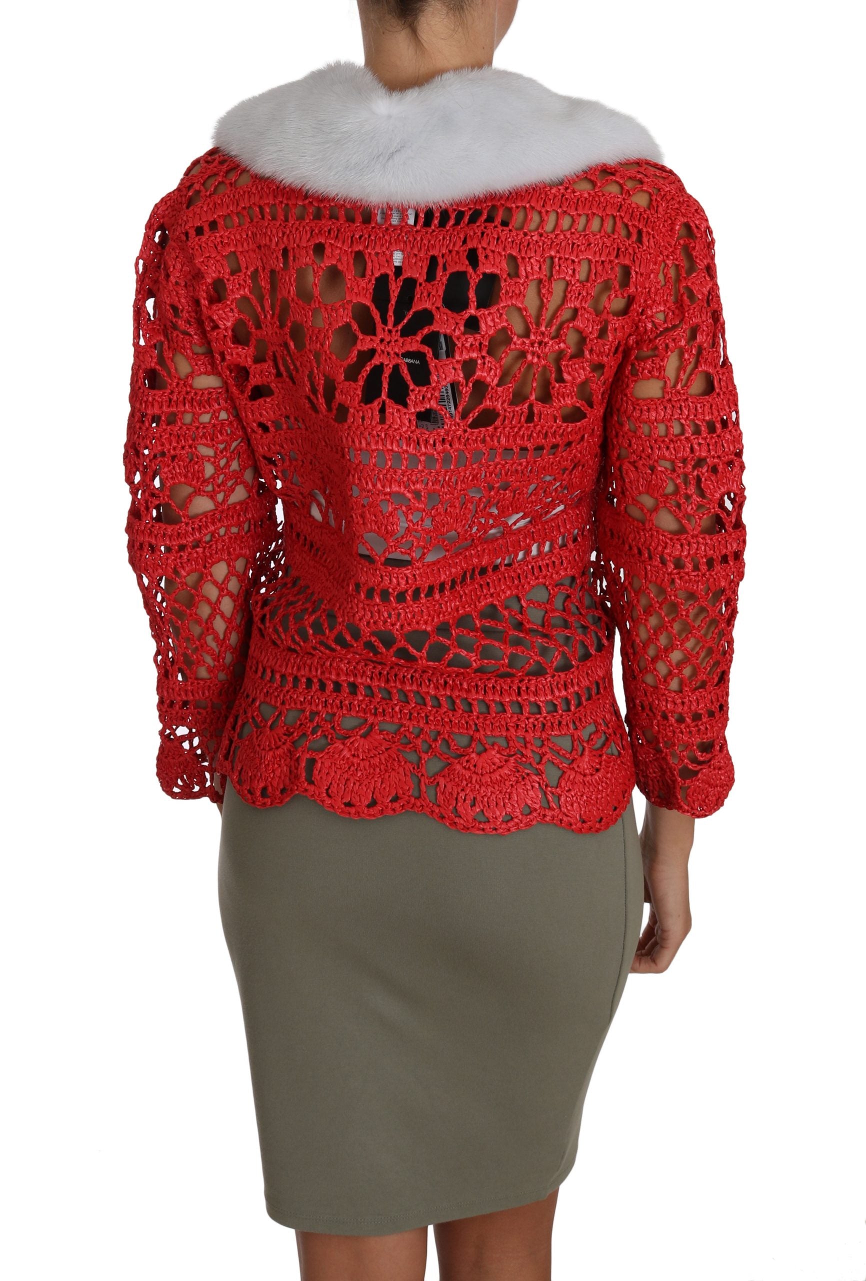 Elegant Red Crochet Knit Cardigan with Fur Collar - ventzia
