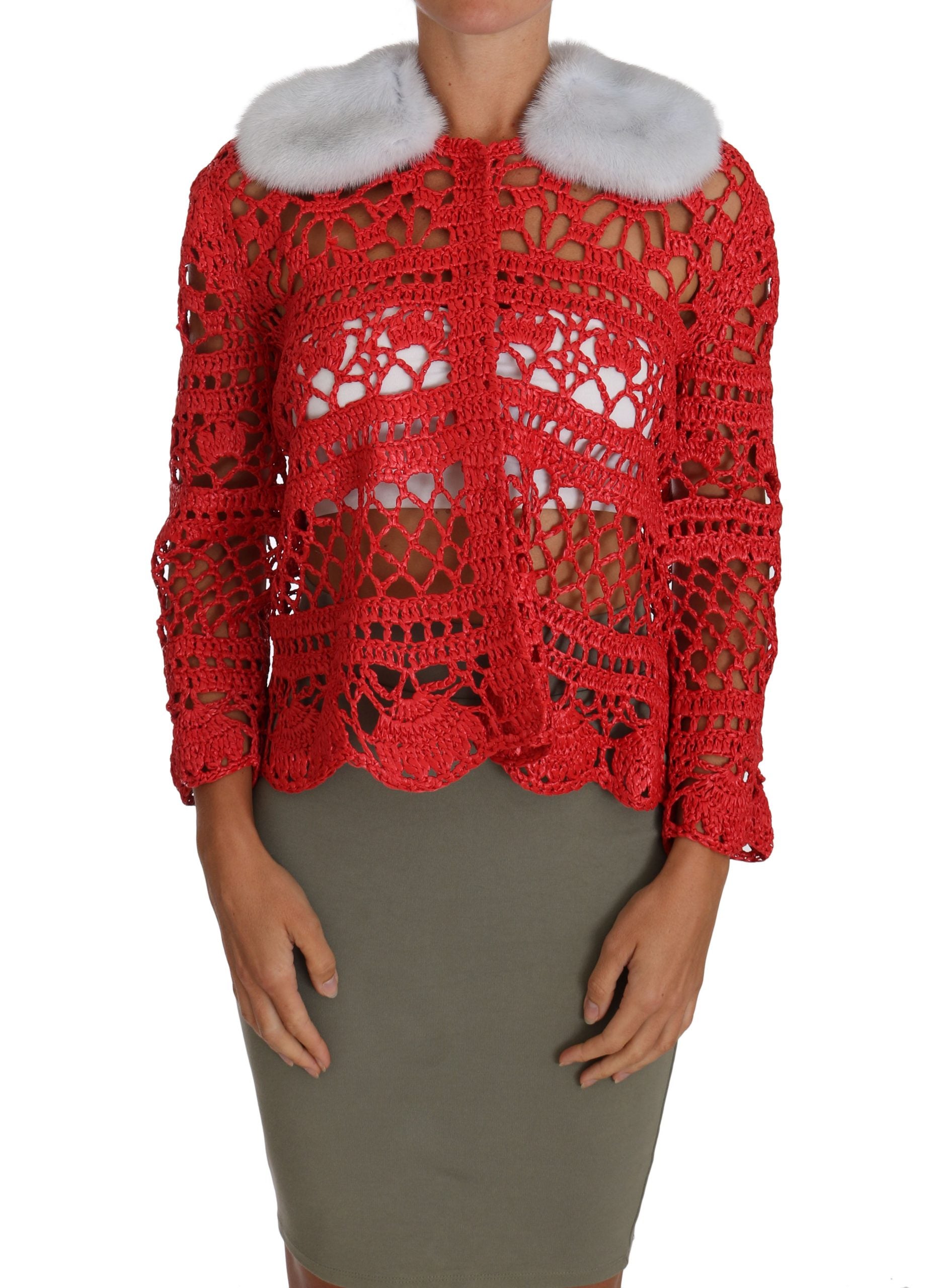 Elegant Red Crochet Knit Cardigan with Fur Collar - ventzia