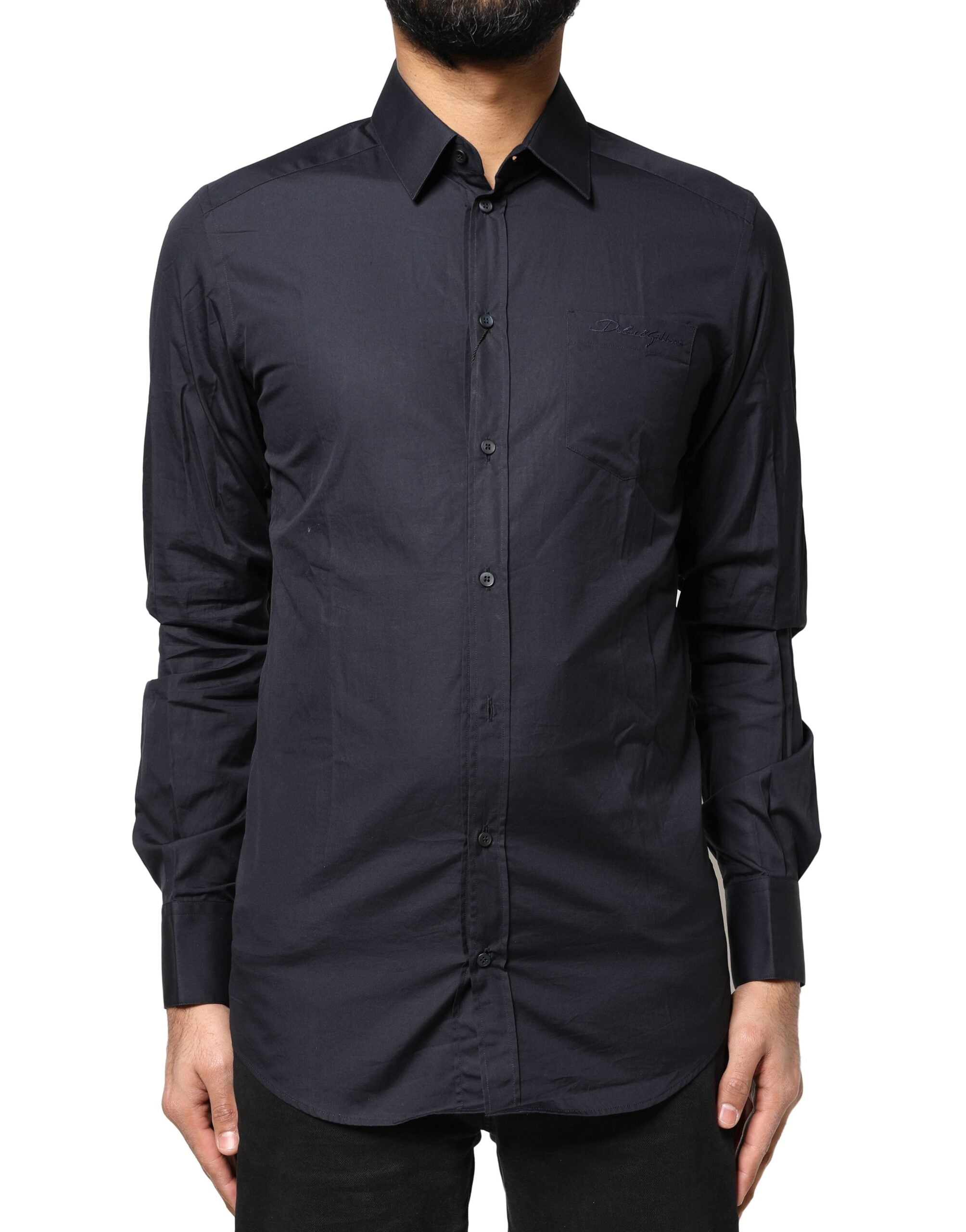 Dark Blue GOLD Cotton Long Sleeves Dress Shirt - ventzia