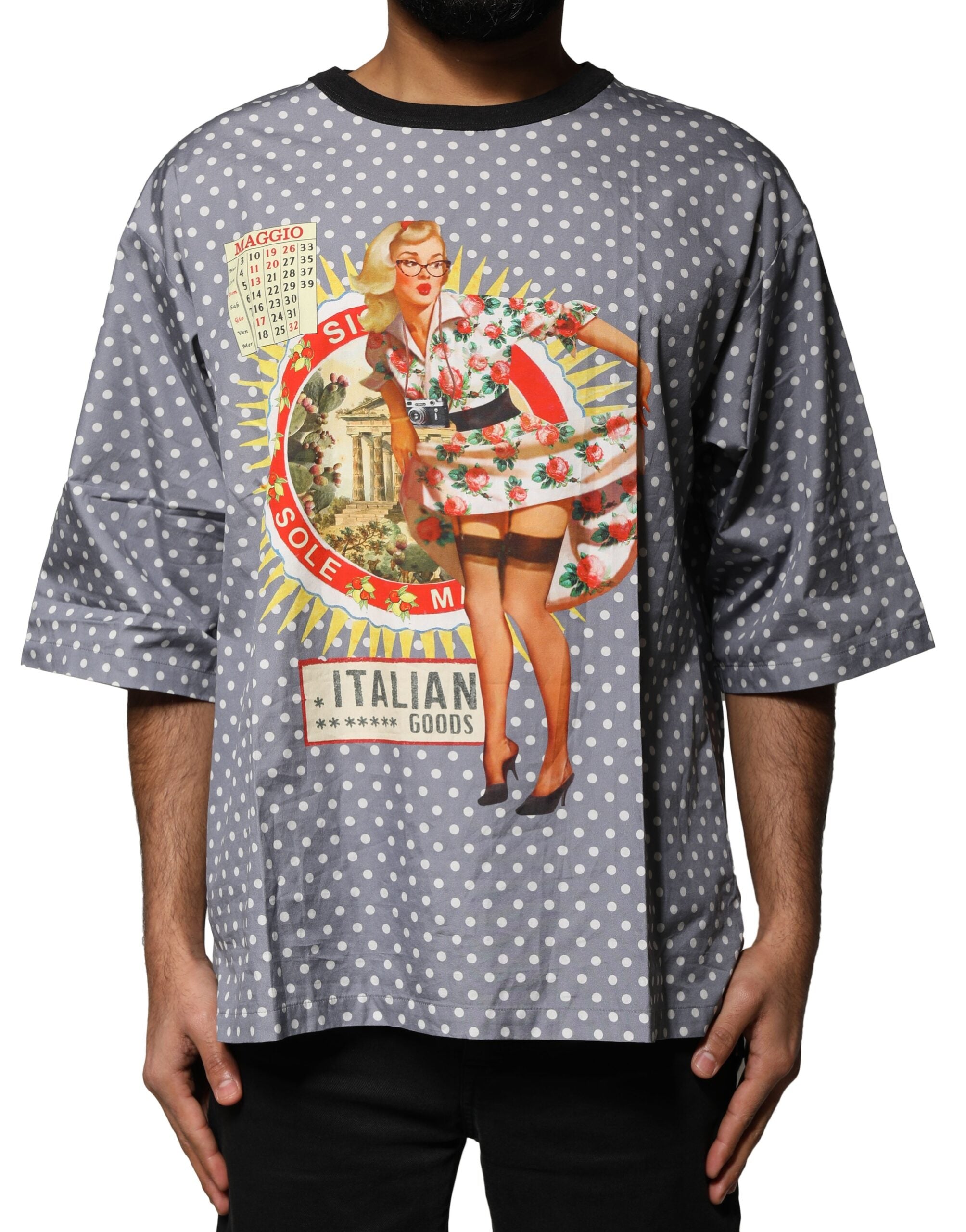 Gray Polka Dot Pin-Up Print Crew Neck T-shirt - ventzia