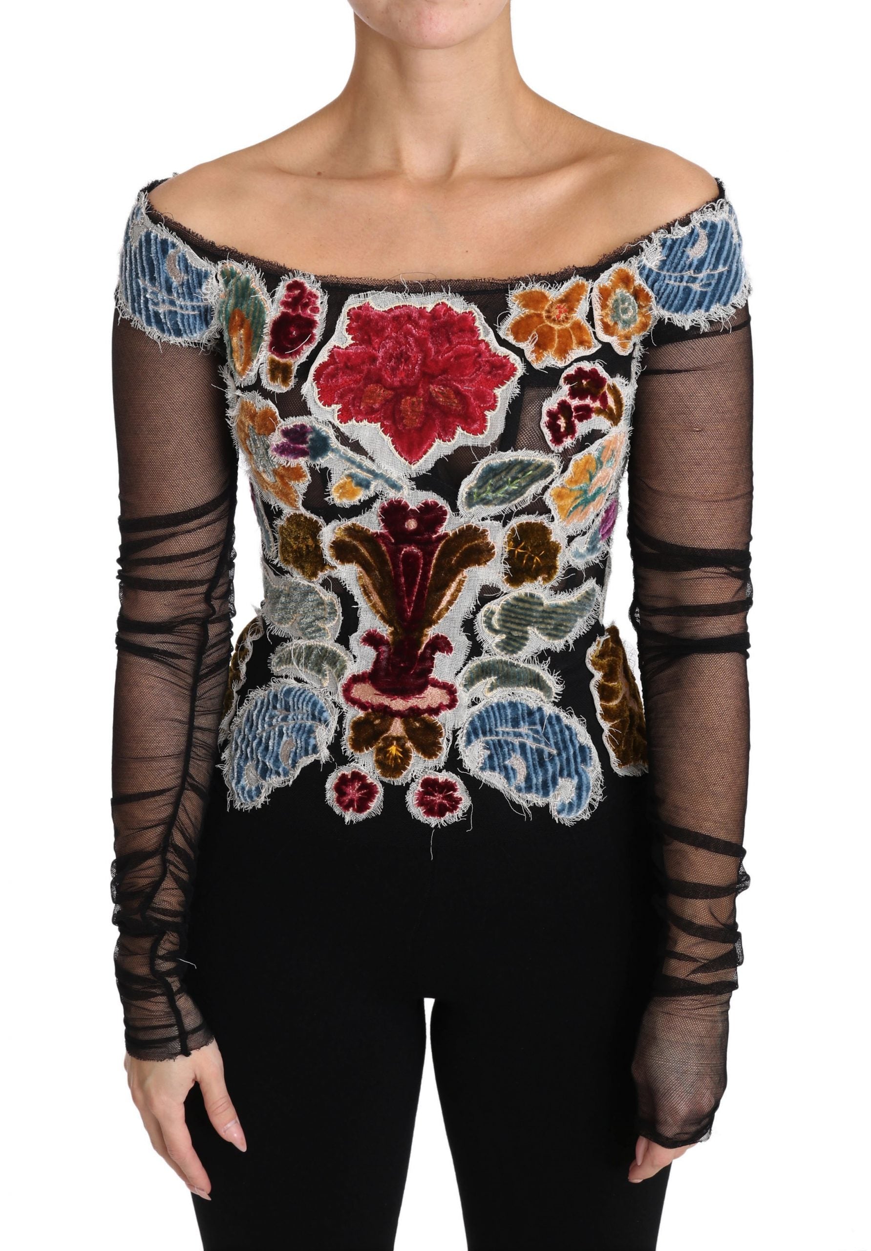 Elegant Floral Applique Long Sleeve Top - ventzia