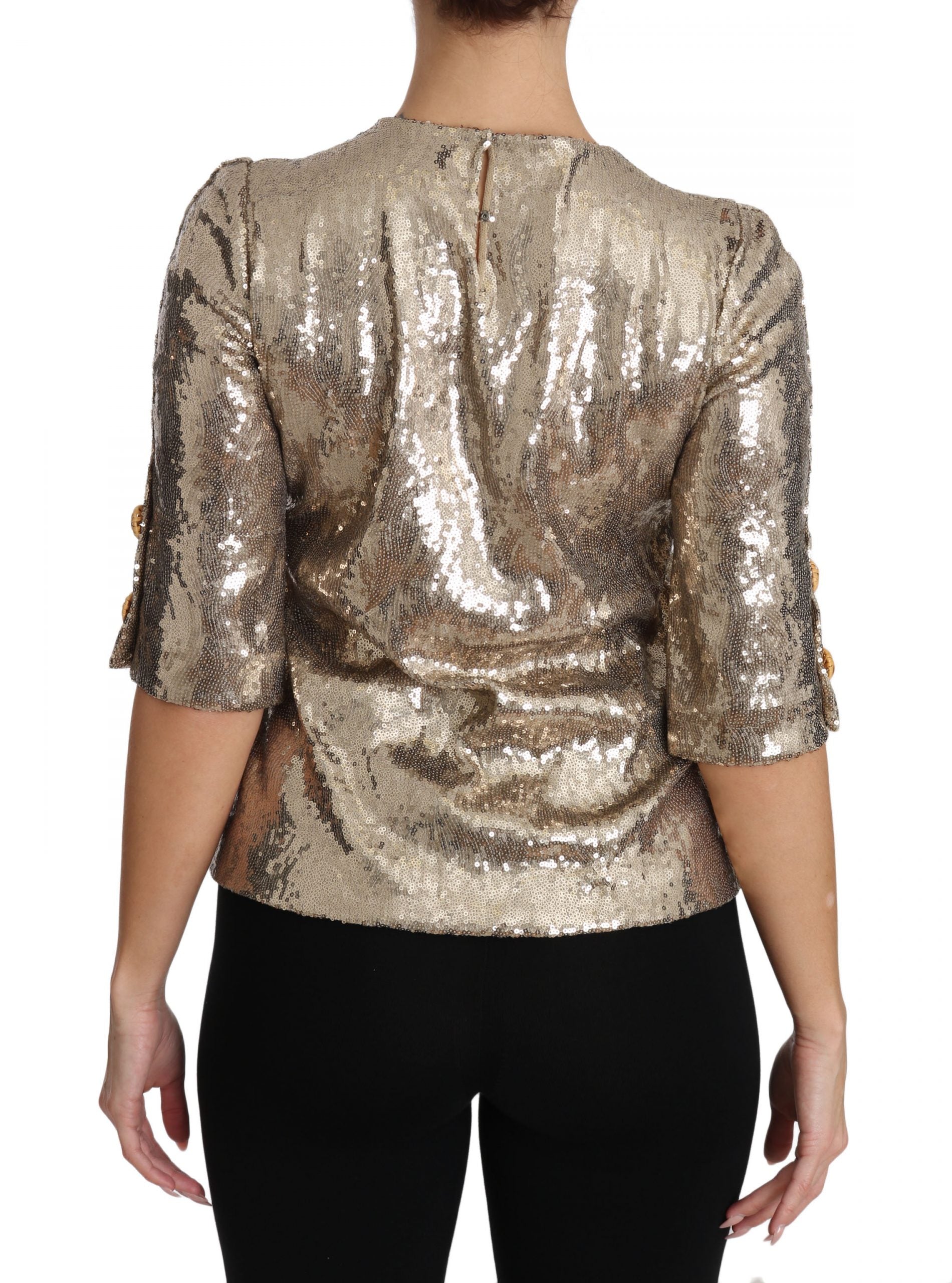 Gold Parrot Motif Crewneck Blouse with Crystals - ventzia