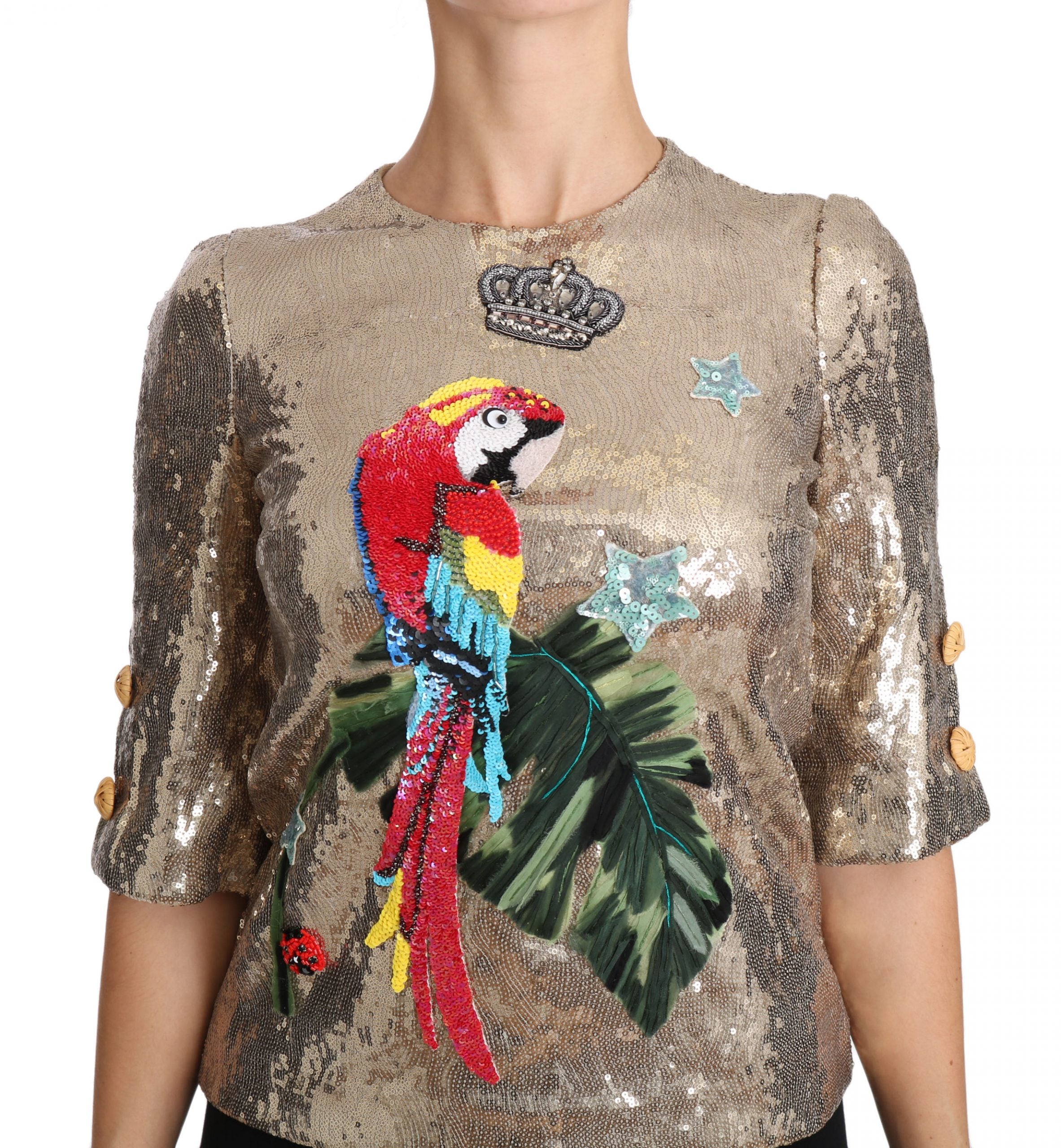 Gold Parrot Motif Crewneck Blouse with Crystals - ventzia