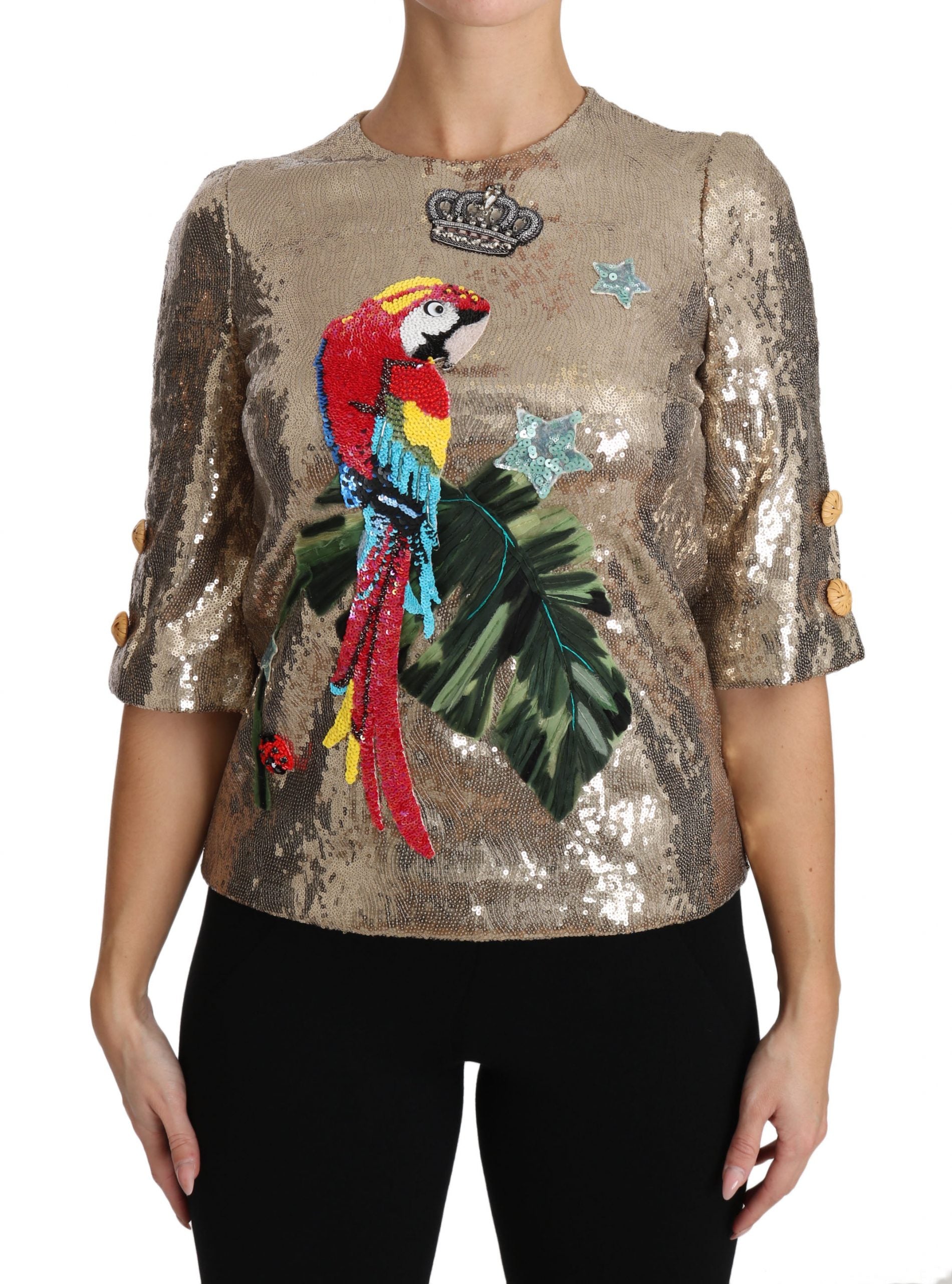 Gold Parrot Motif Crewneck Blouse with Crystals - ventzia