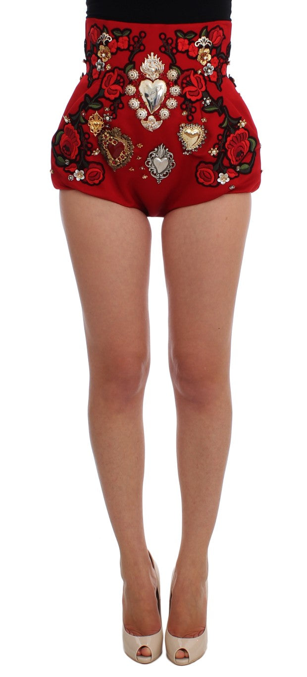 Red Silk Crystal-Embellished Mini Shorts - ventzia