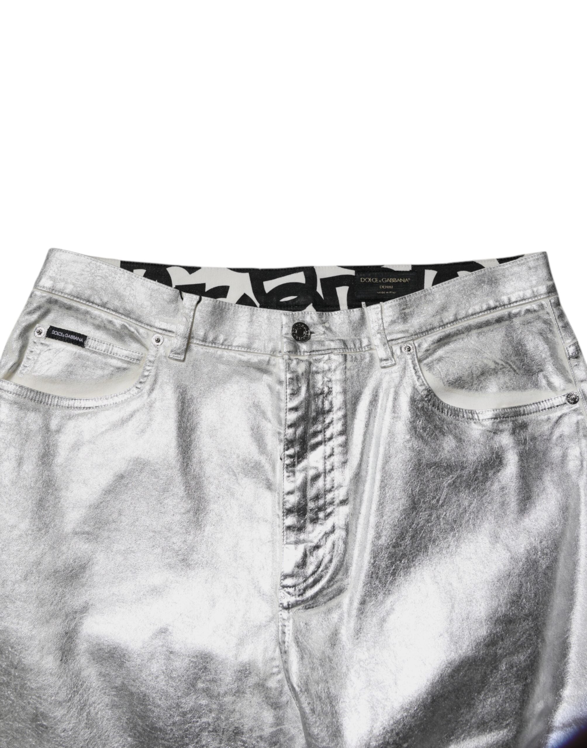 Metallic Silver Cotton Straight Denim Jeans