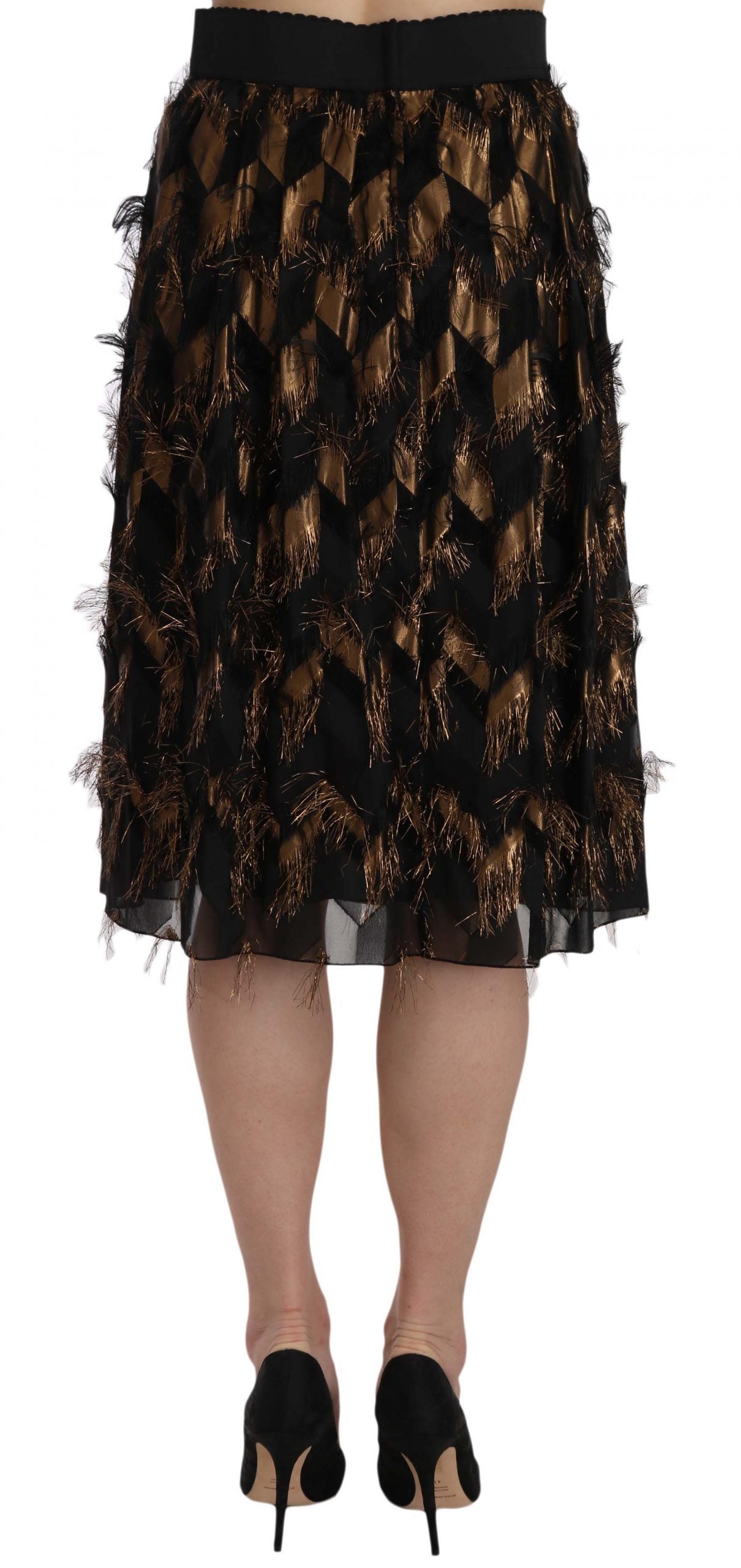 Elegant Gold Black Silk Blend High Waist Skirt - ventzia