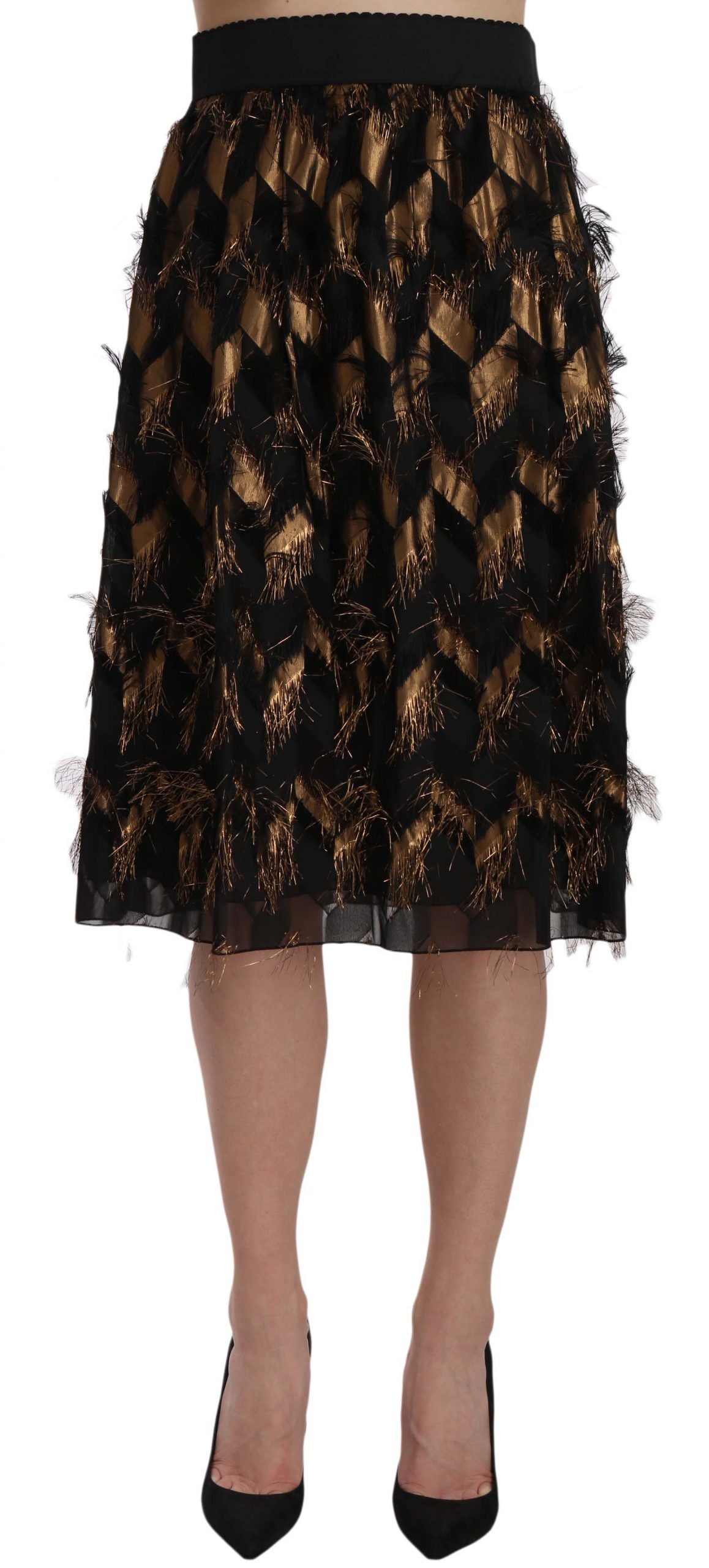 Elegant Gold Black Silk Blend High Waist Skirt - ventzia