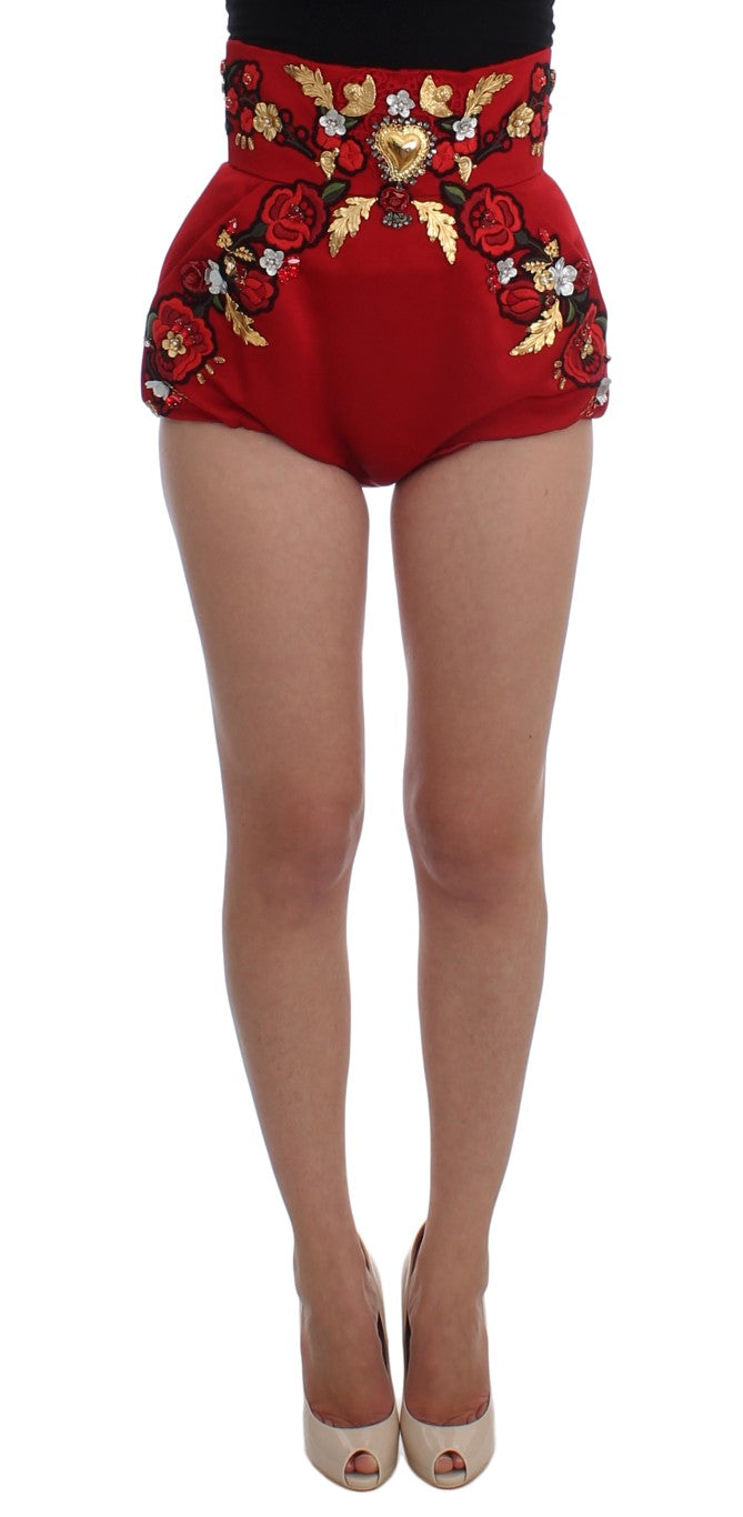 Red Silk Crystal-Embellished High Waist Shorts - ventzia