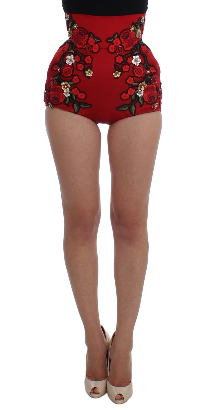 Glamorous Red Silk Floral Embroidered Shorts - ventzia