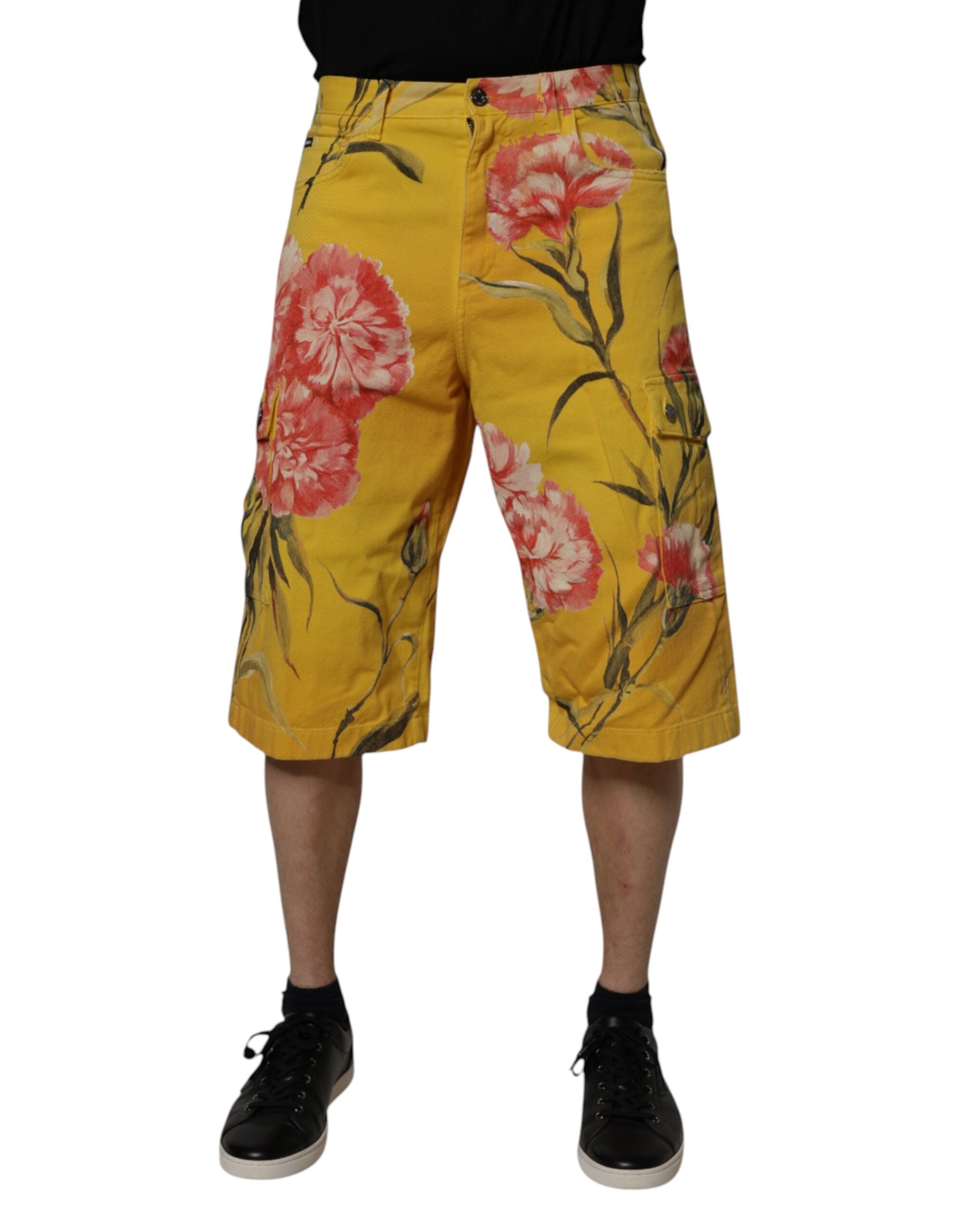 Yellow Floral Cargo Denim Men Bermuda Shorts - ventzia