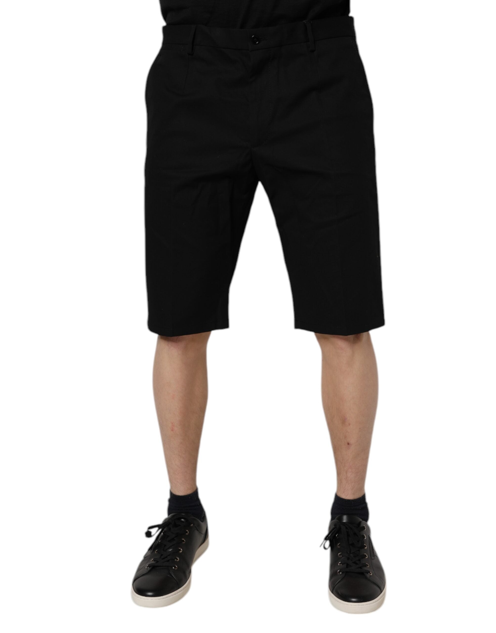 Black Cotton Stretch Mid Waist Bermuda Shorts - ventzia