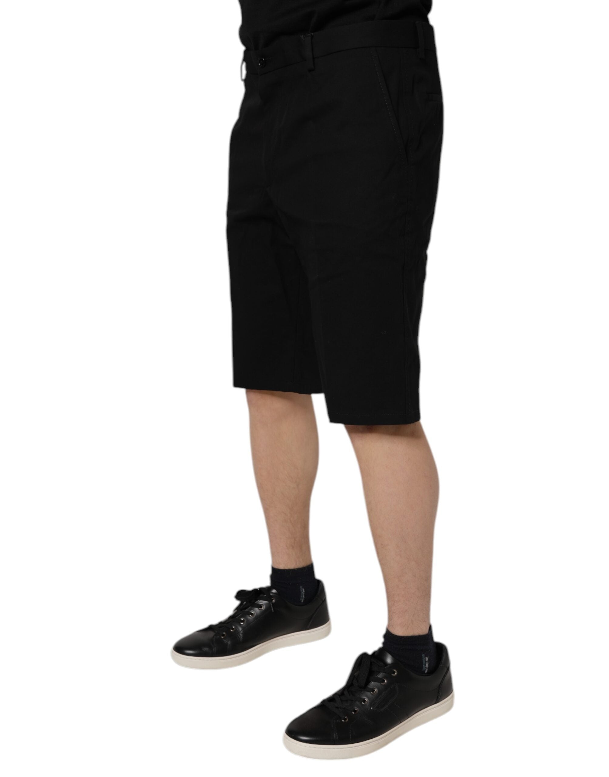 Black Cotton Stretch Mid Waist Bermuda Shorts - ventzia