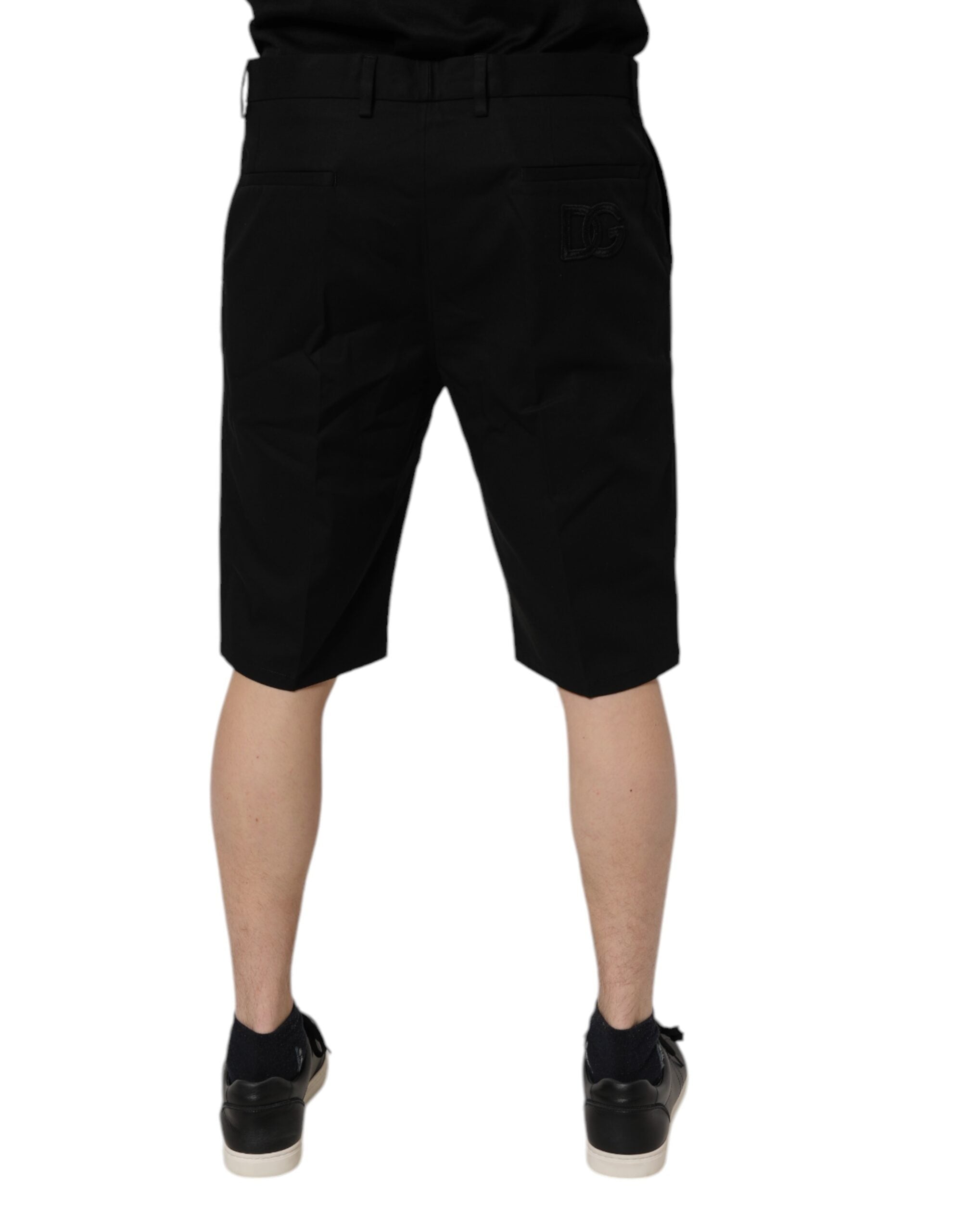 Black Cotton Stretch Mid Waist Bermuda Shorts - ventzia