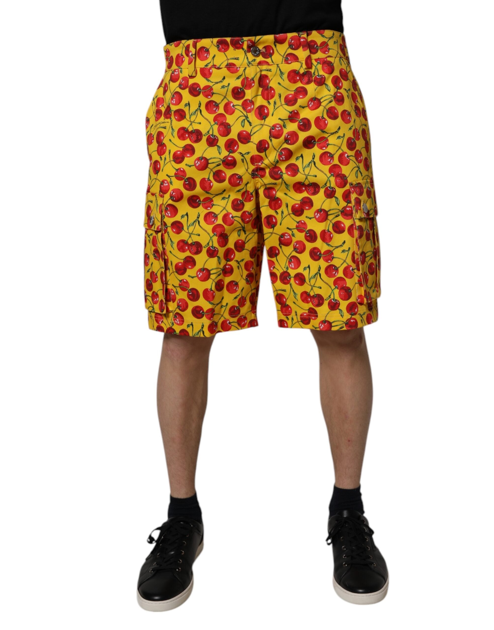 Yellow Cherry Print Cotton Men Bermuda Shorts - ventzia
