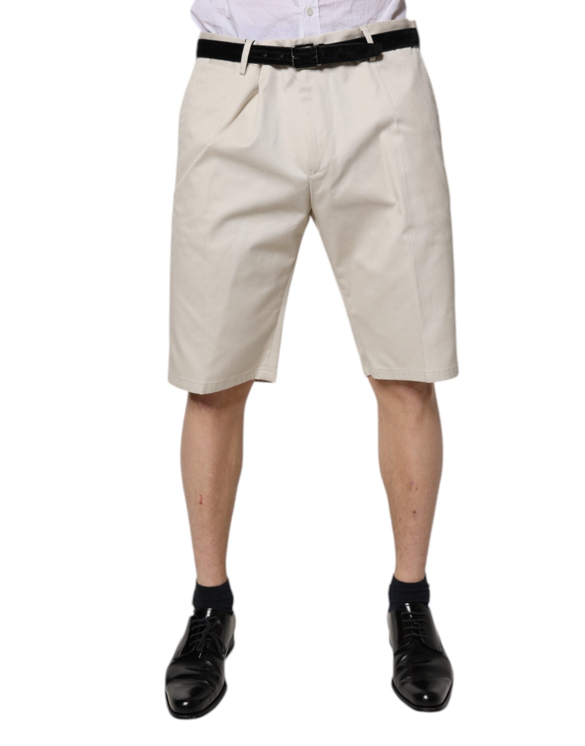 Beige Cotton Stretch Mid Waist Bermuda Shorts - ventzia