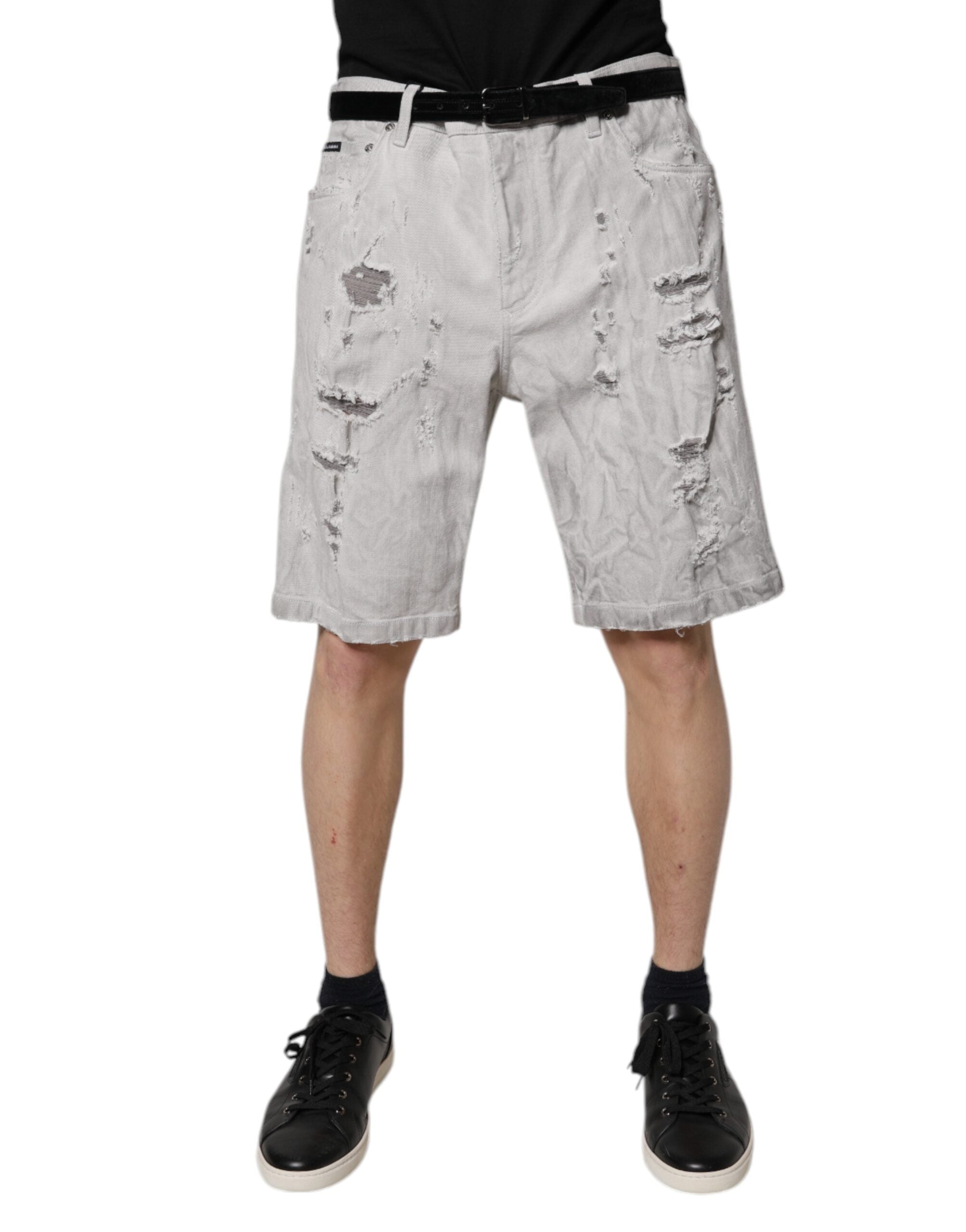 Light Gray Tattered Men Denim Bermuda Shorts - ventzia