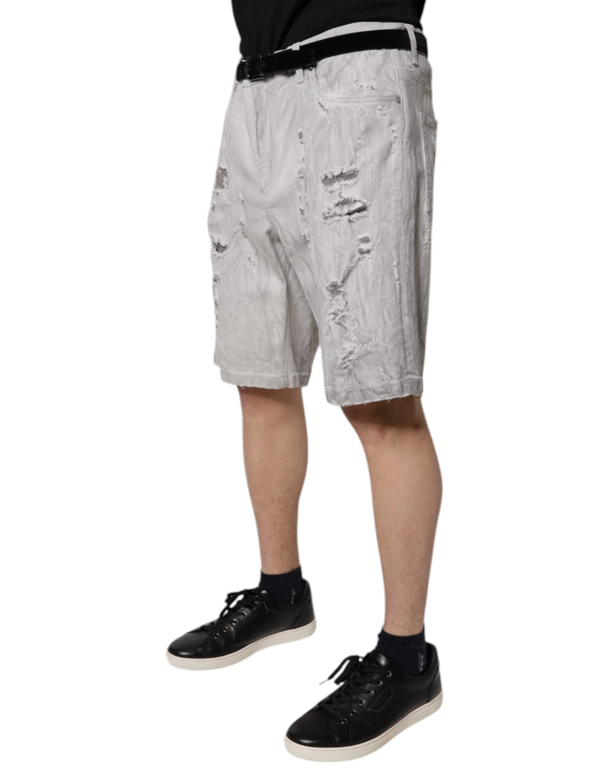 Light Gray Tattered Men Denim Bermuda Shorts - ventzia
