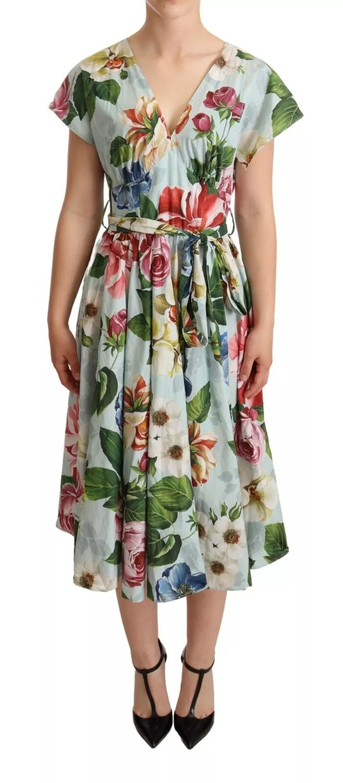 Green Floral Short Sleeves Cotton V-neck Dress - ventzia