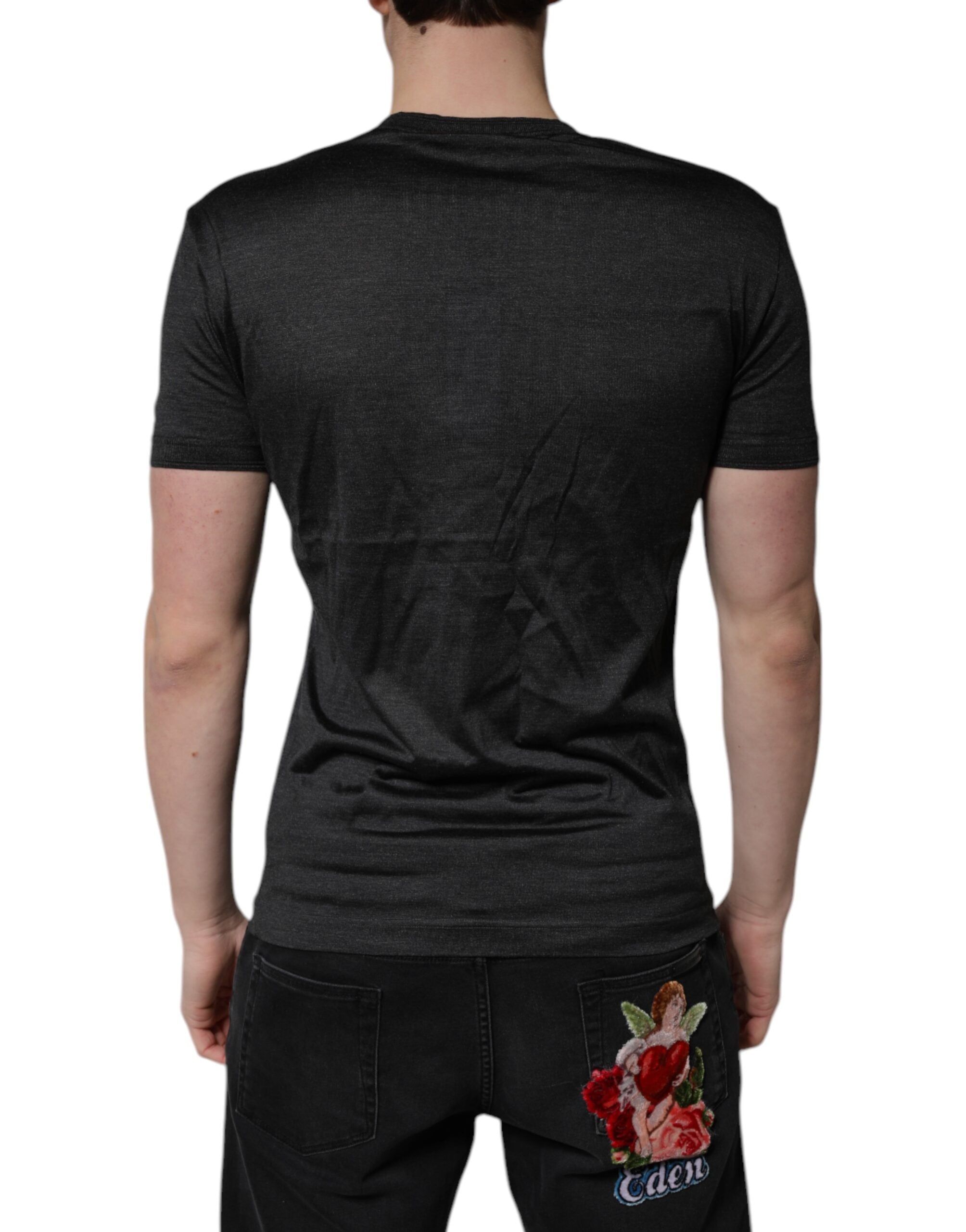 Dark Gray Silk V-neck Short Sleeves T-shirt - ventzia
