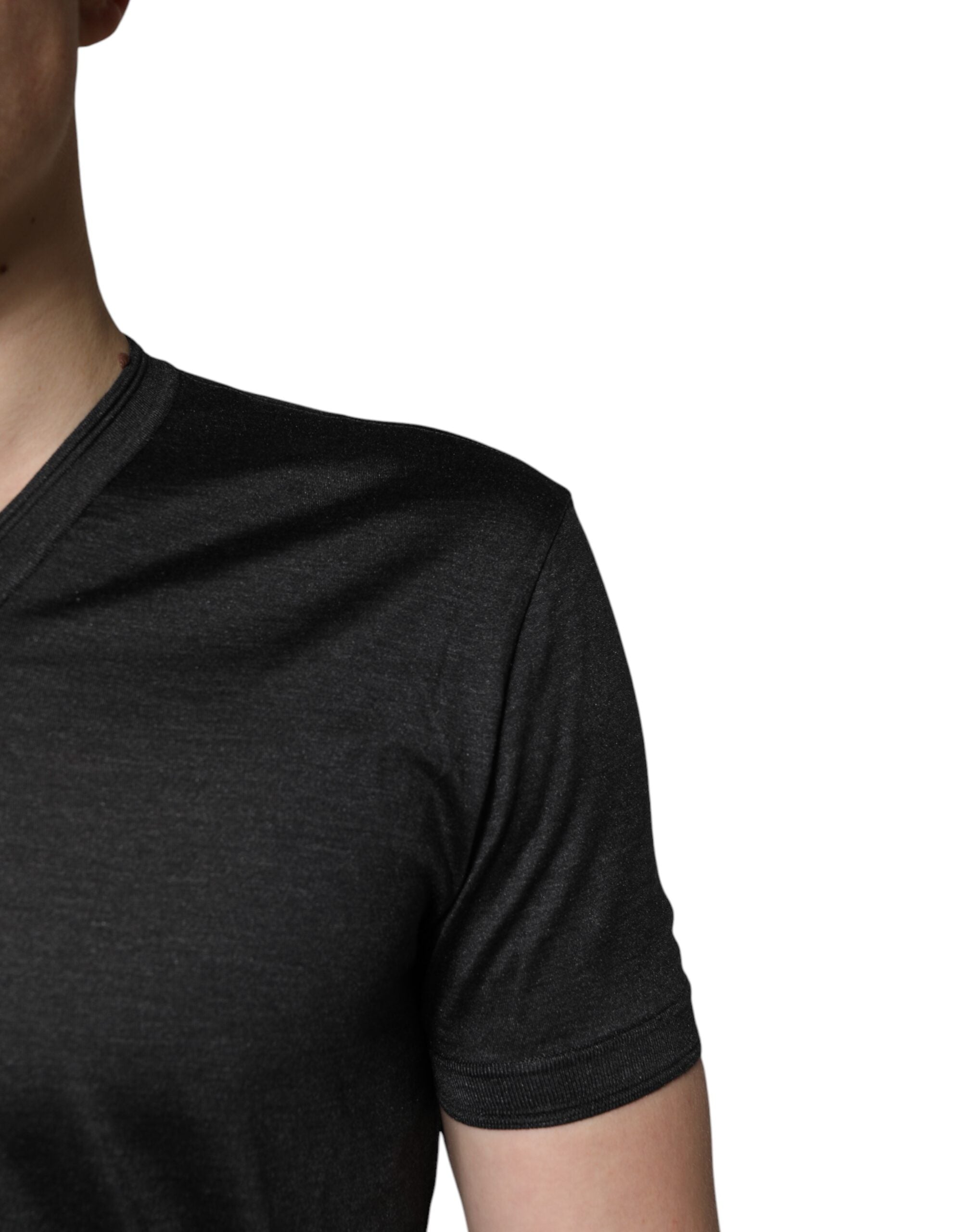 Dark Gray Silk V-neck Short Sleeves T-shirt - ventzia