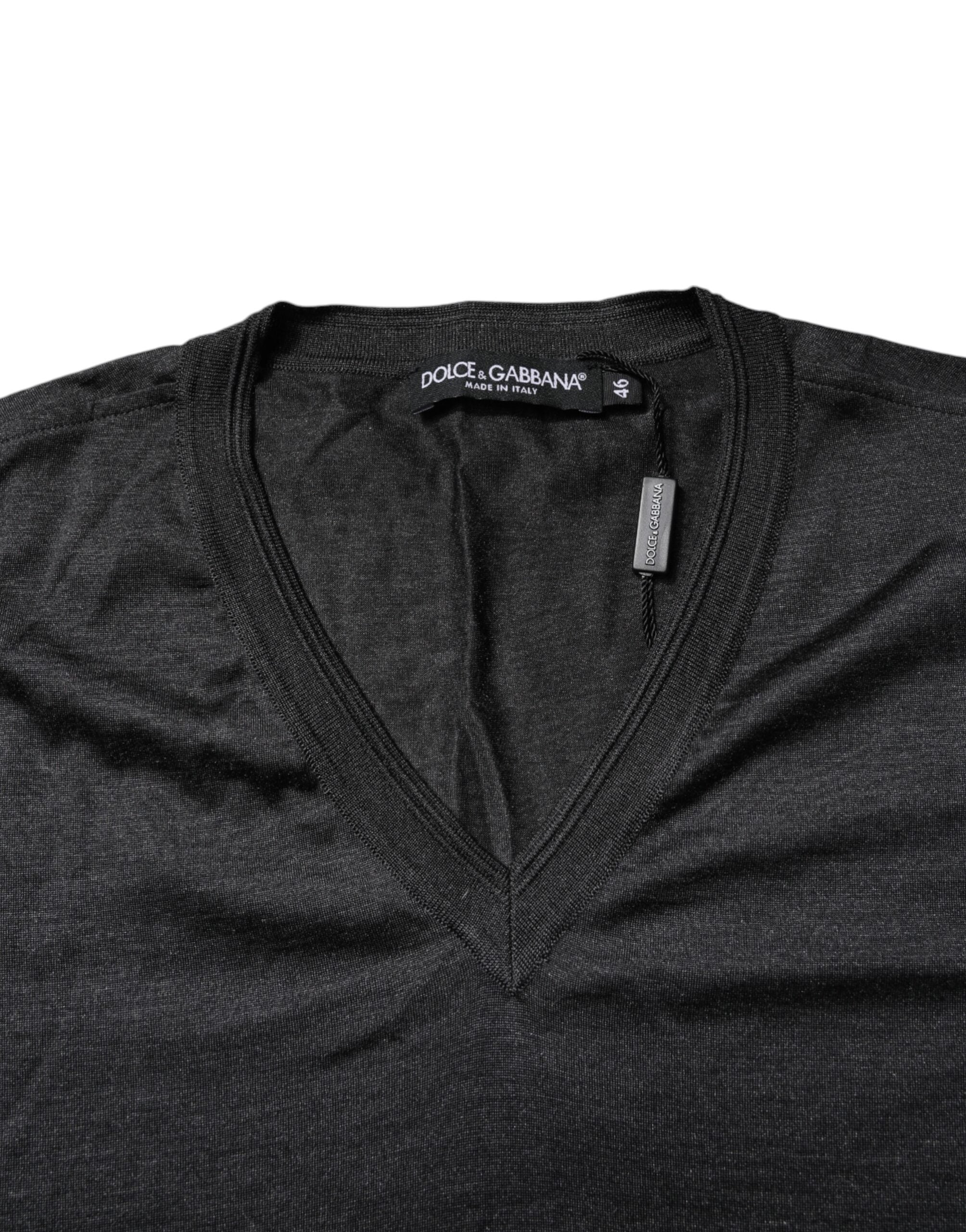 Dark Gray Silk V-neck Short Sleeves T-shirt - ventzia