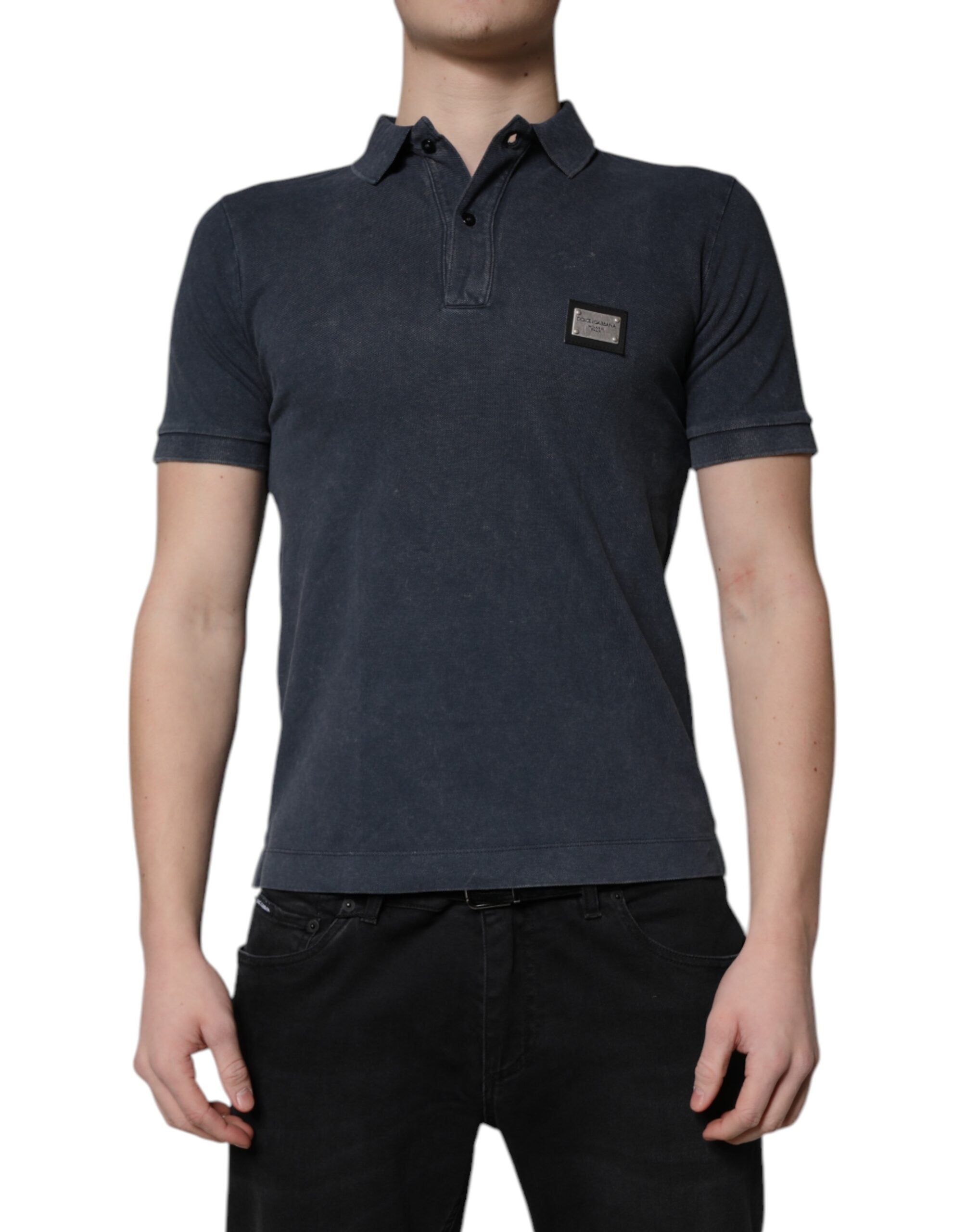 Dark Blue Logo Plaque Cotton Men Polo Shirt T-shirt - ventzia