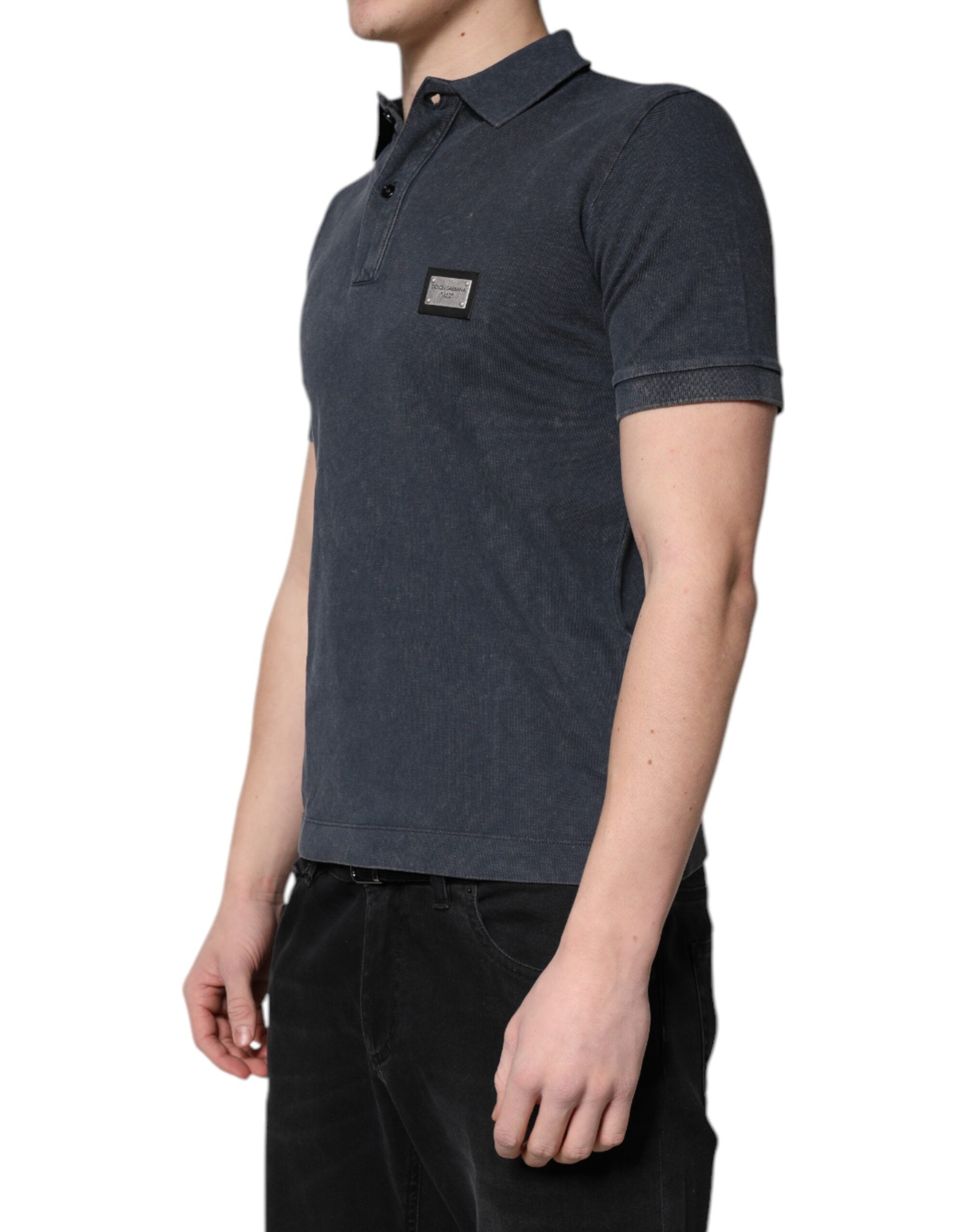 Dark Blue Logo Plaque Cotton Men Polo Shirt T-shirt - ventzia