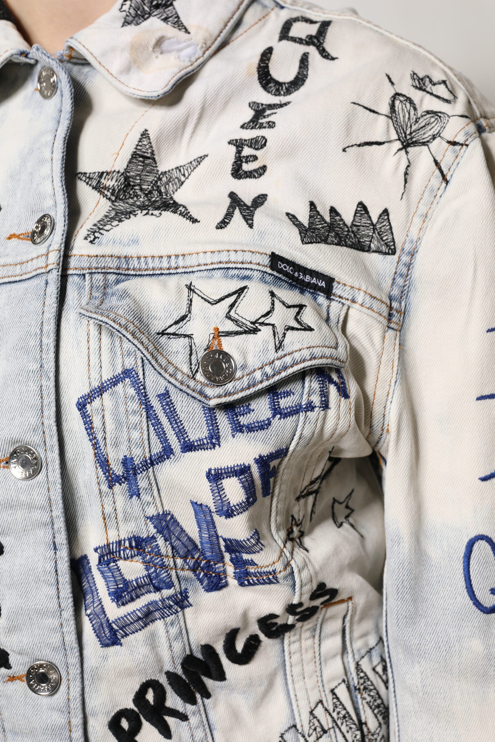 Light Blue Graffiti Button Down Denim Jacket - ventzia
