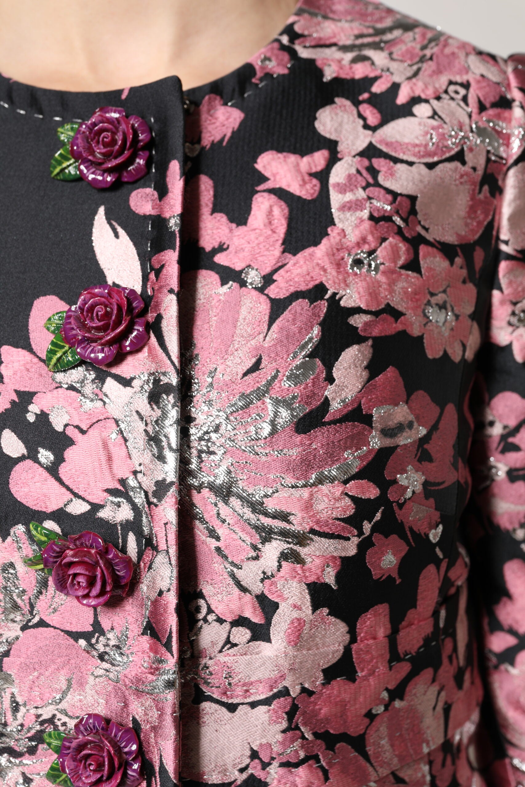 Pink Black Floral Brocade Trenchcoat Jacket - ventzia