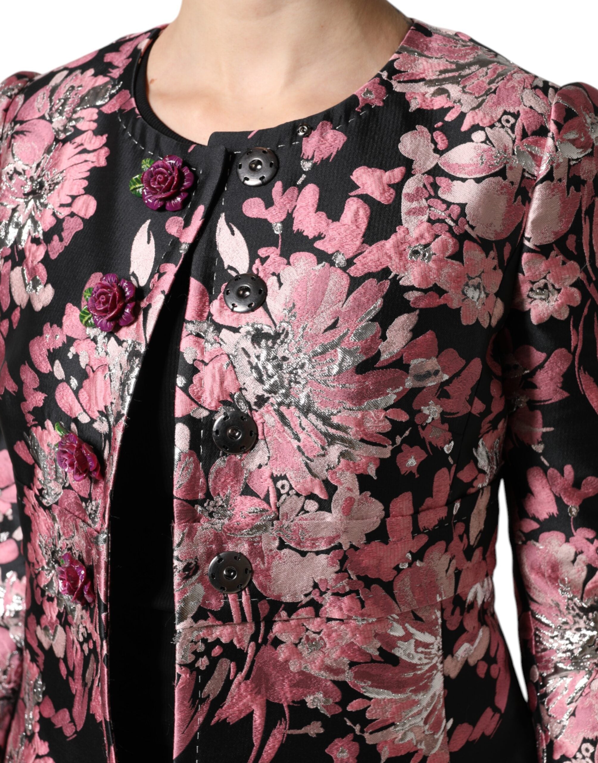 Pink Black Floral Brocade Trenchcoat Jacket - ventzia