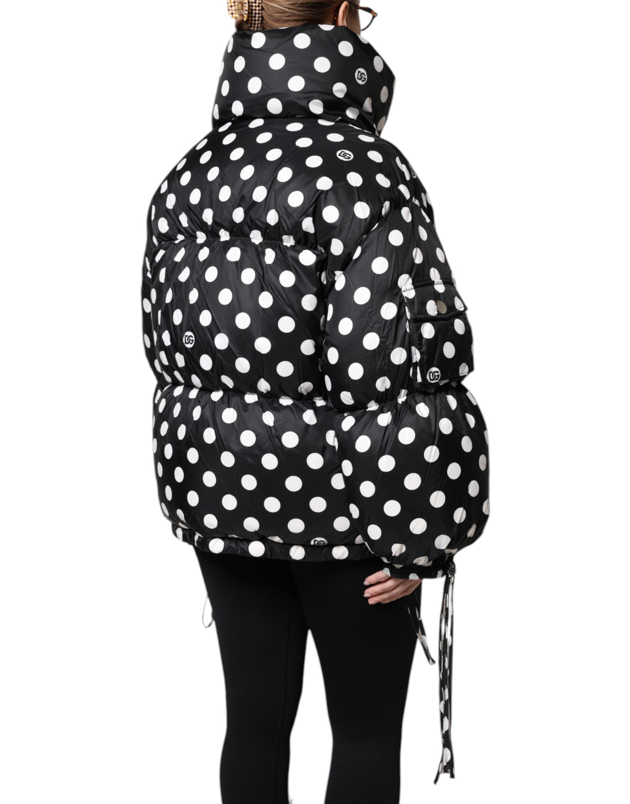 Black White Polka Dot Full Zip Puffer Jacket - ventzia