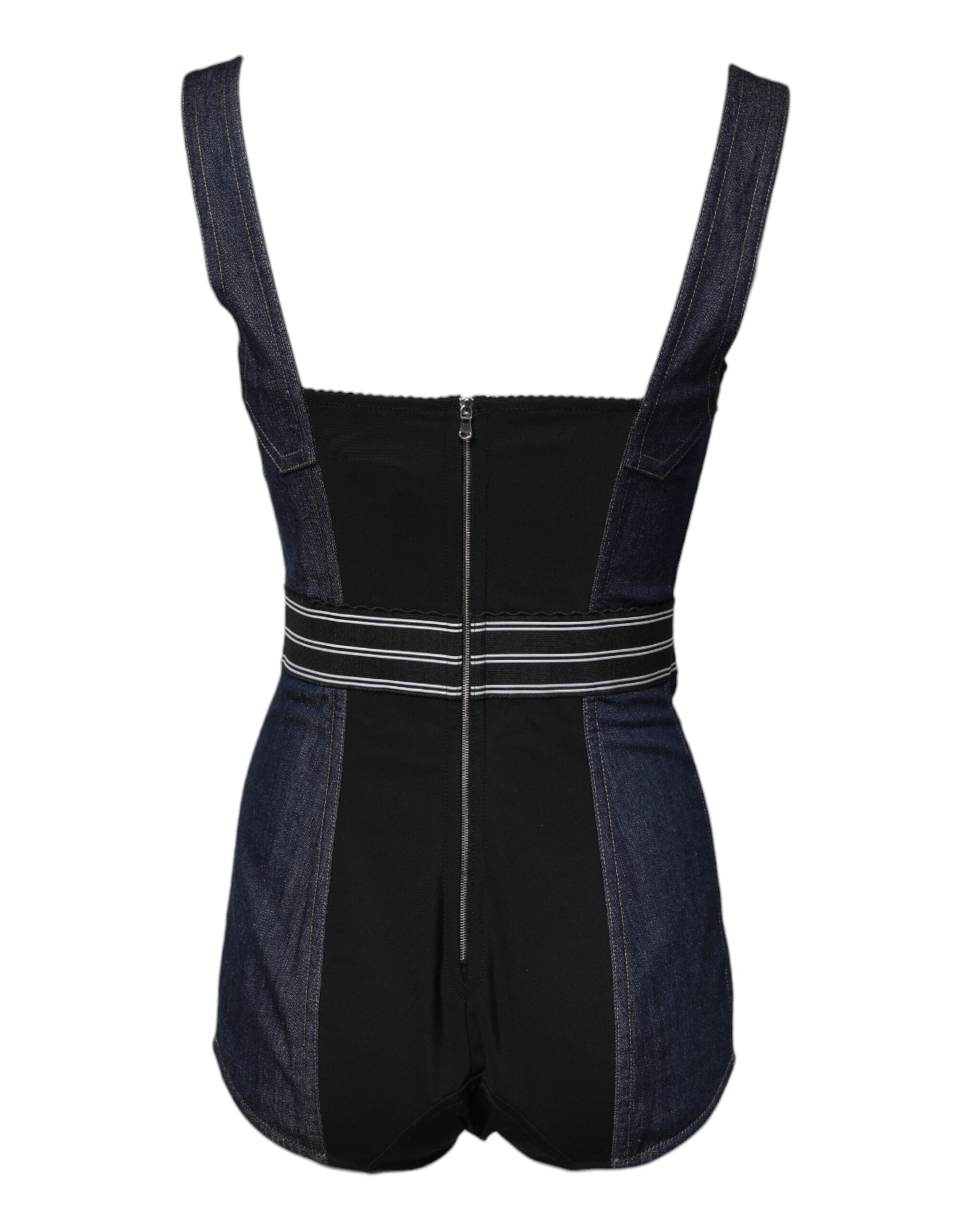 Blue Cotton Stretch Sleeveless Bodycon Denim Bodysuit - ventzia