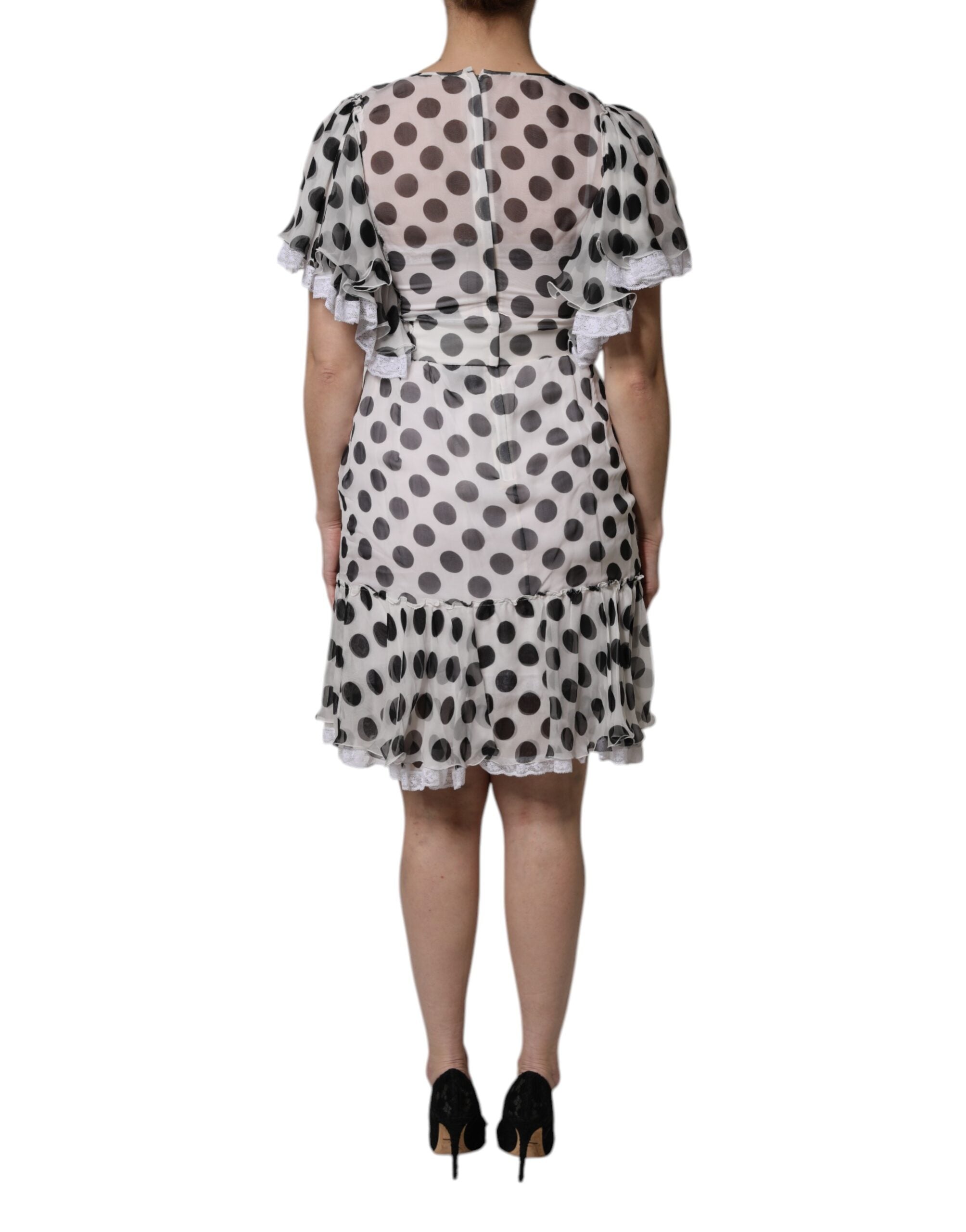 White Polka Dotted Silk Blend A-line Dress - ventzia