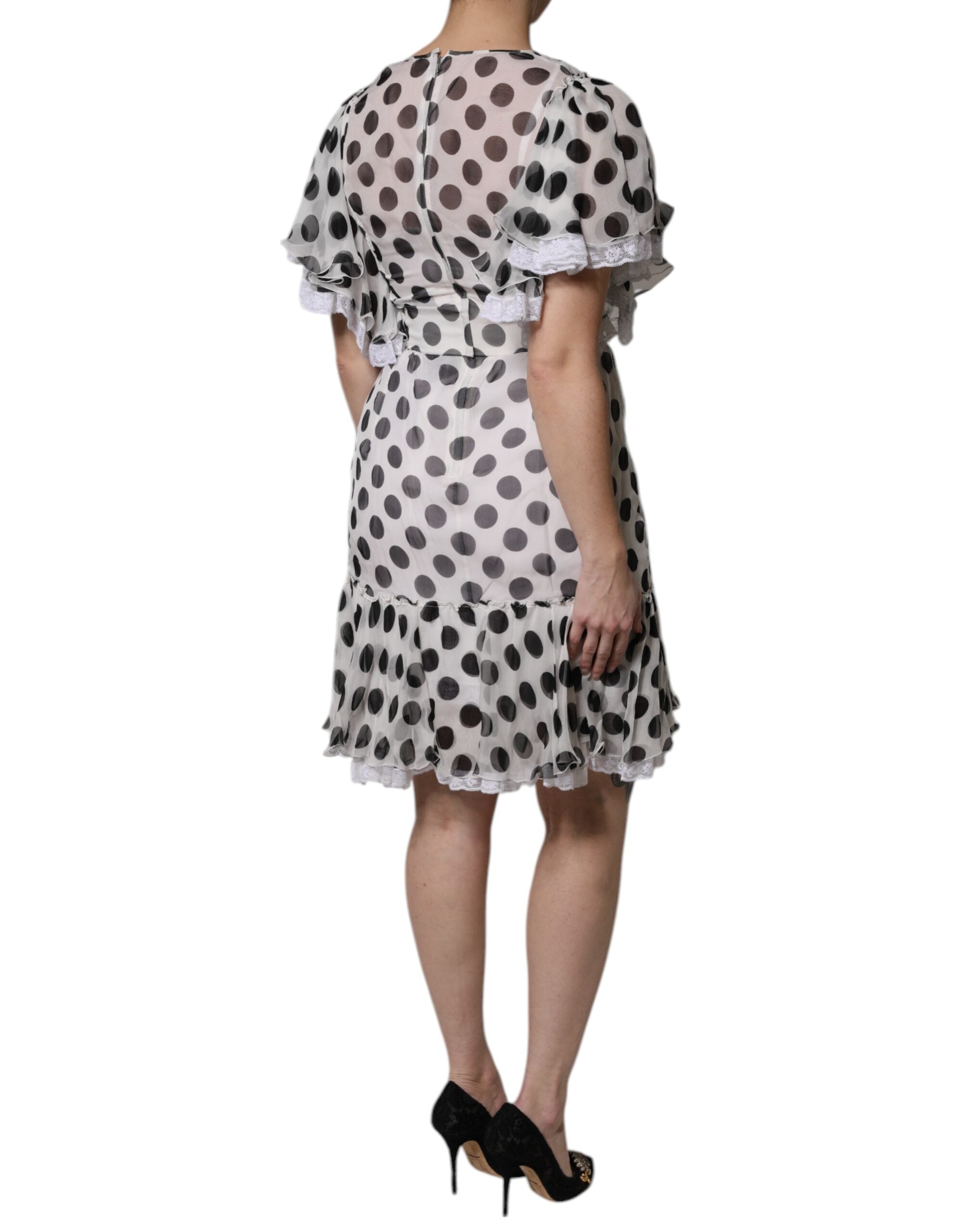 White Polka Dotted Silk Blend A-line Dress - ventzia
