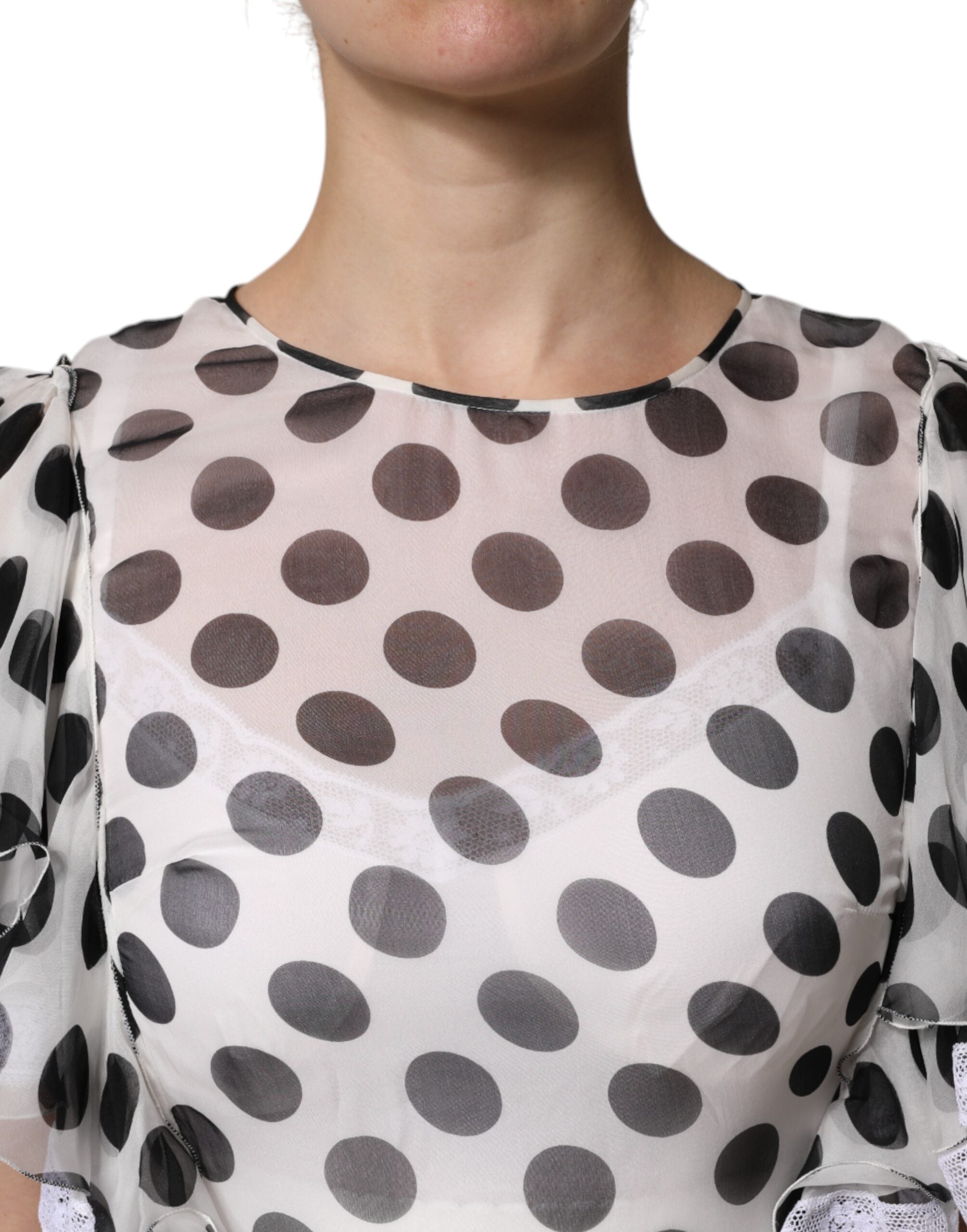 White Polka Dotted Silk Blend A-line Dress - ventzia