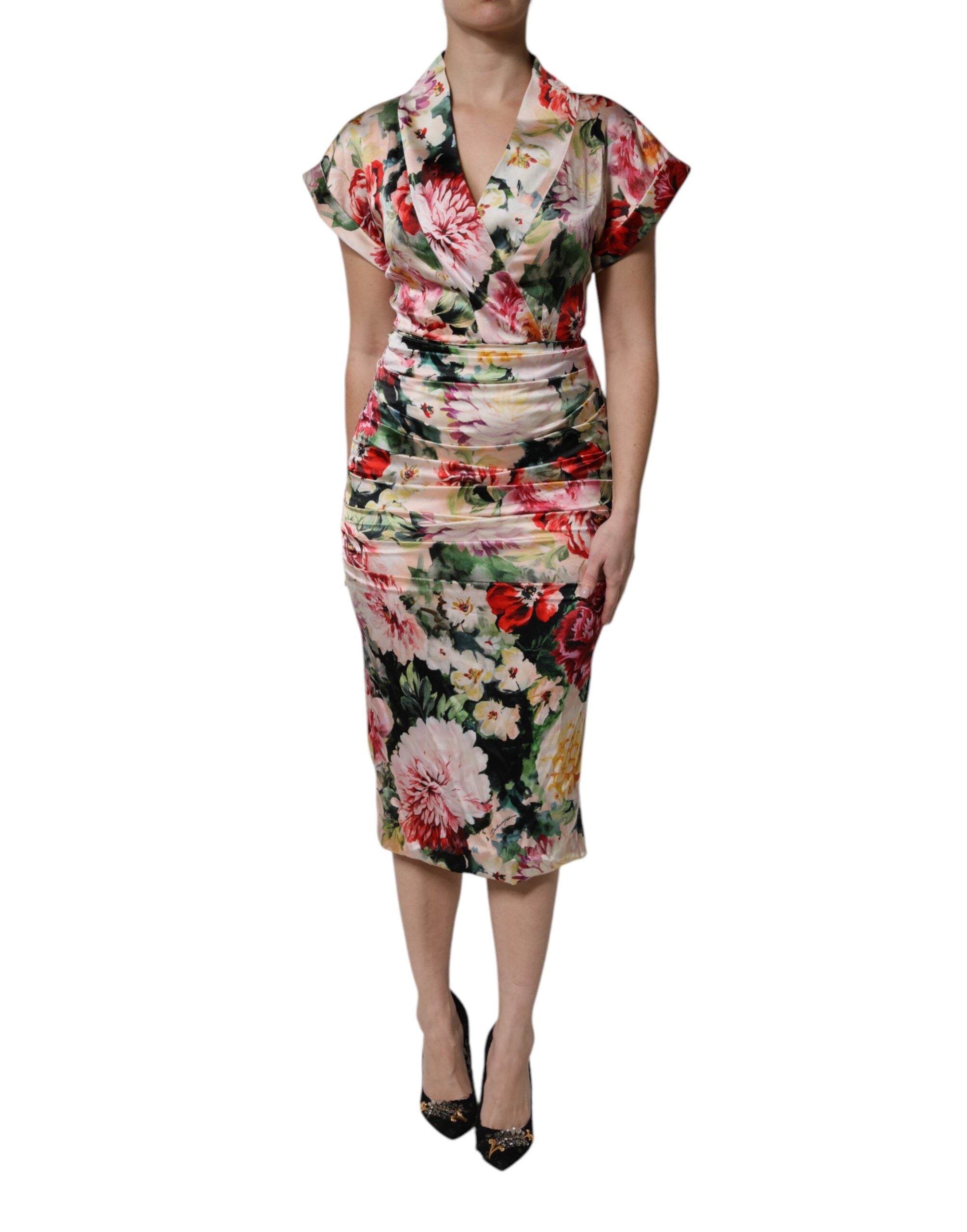 Multicolor Floral Short Sleeves Sheath Midi Dress - ventzia