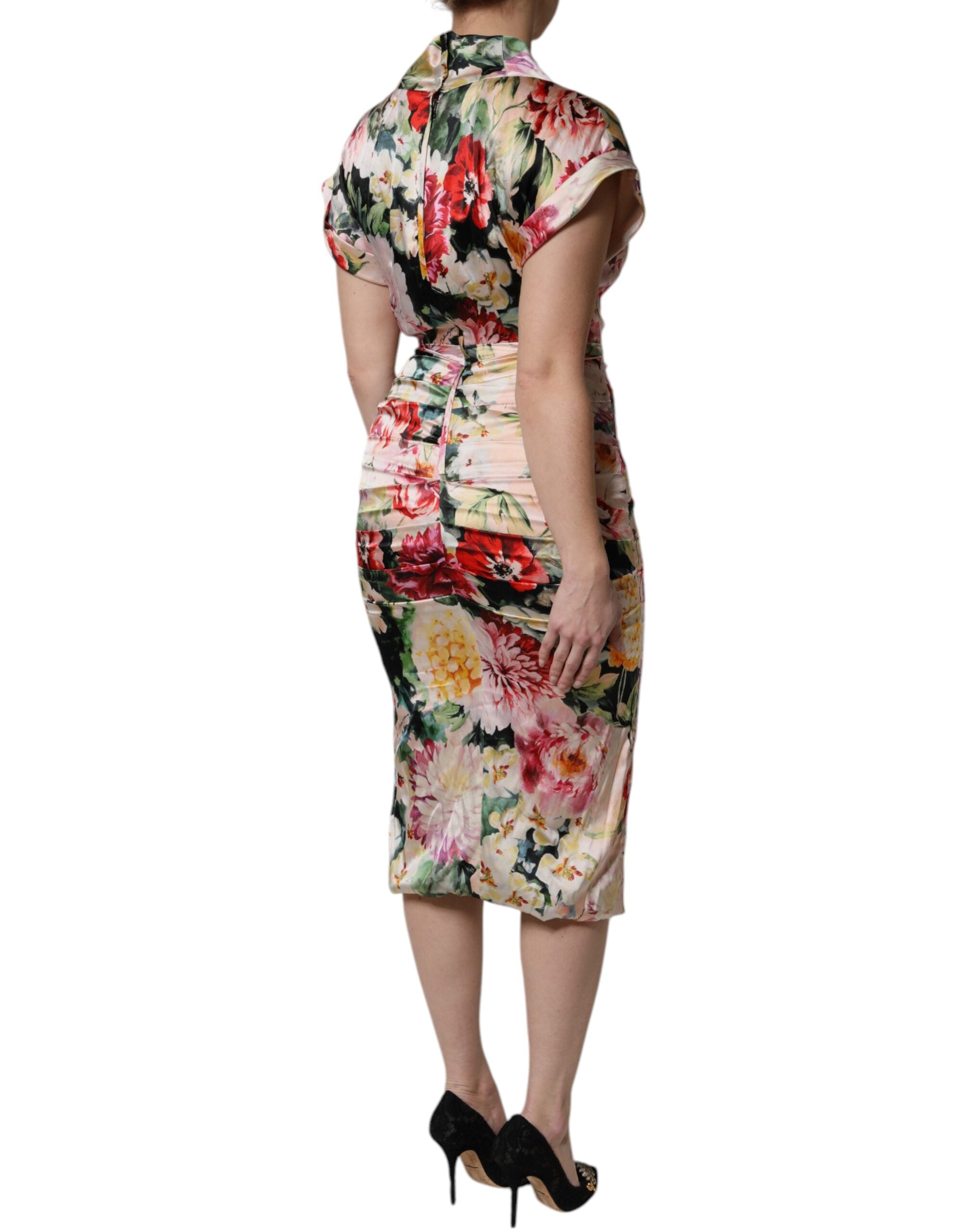 Multicolor Floral Short Sleeves Sheath Midi Dress - ventzia
