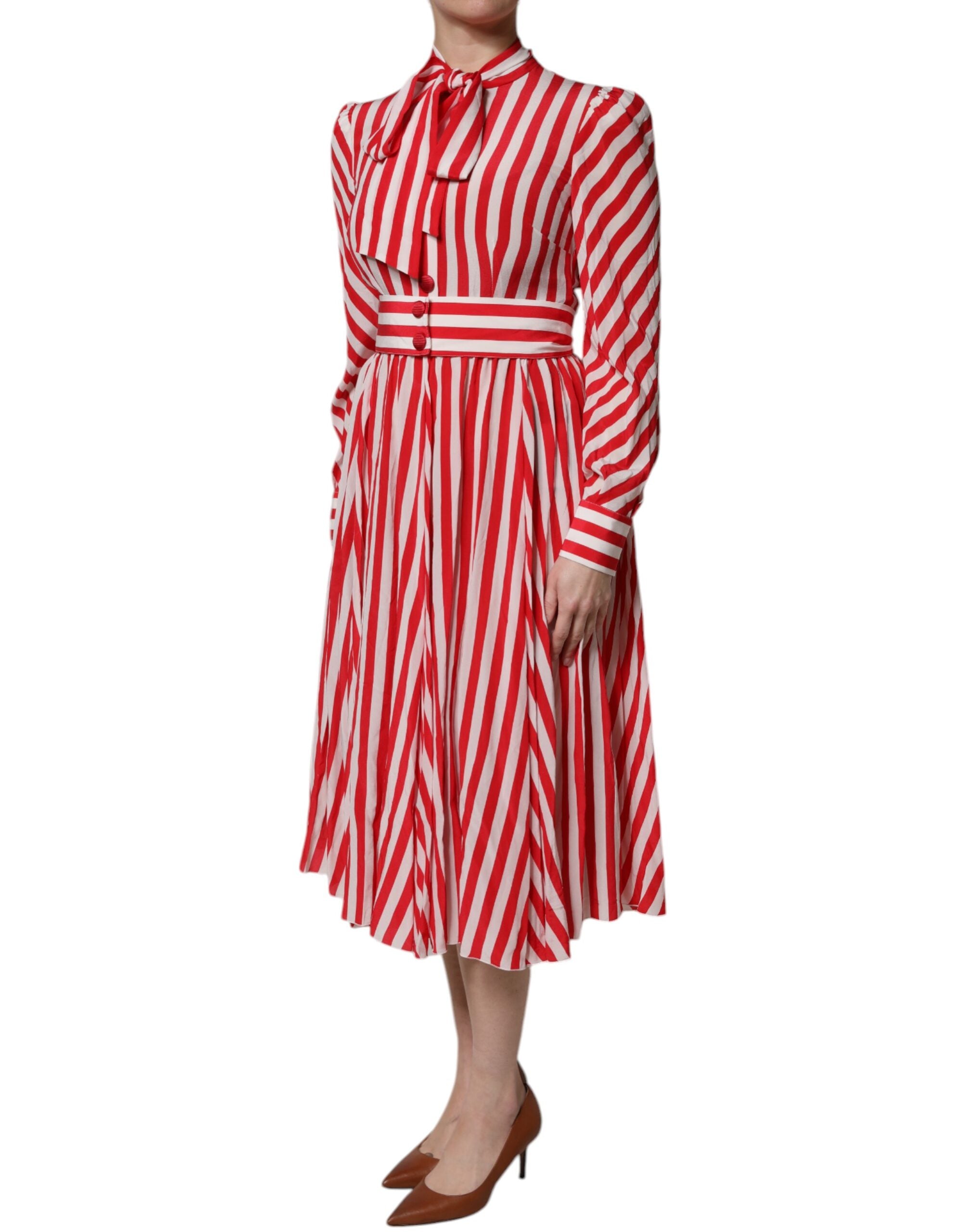 White Red Stripes Long Sleeves Midi Dress - ventzia