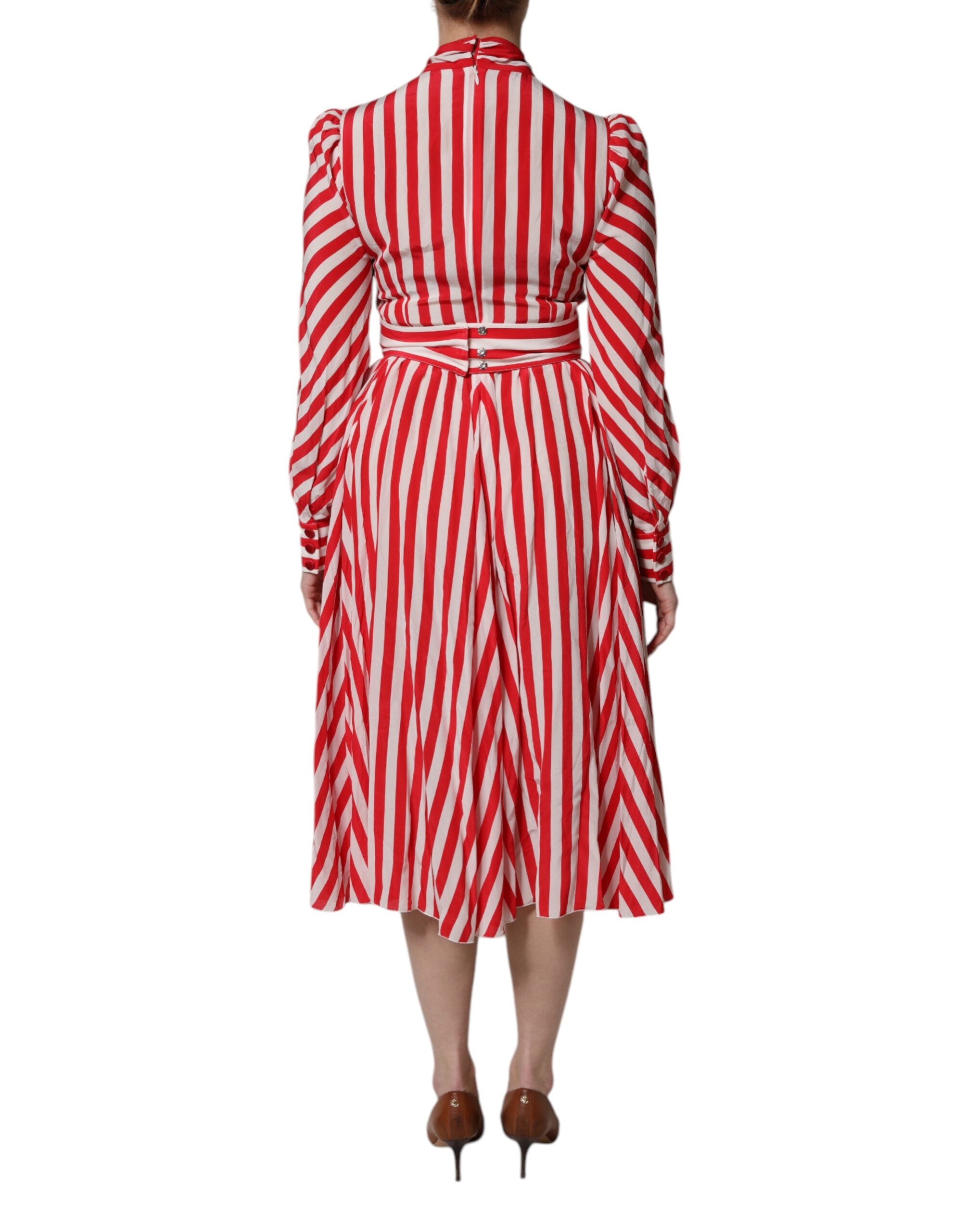 White Red Stripes Long Sleeves Midi Dress - ventzia