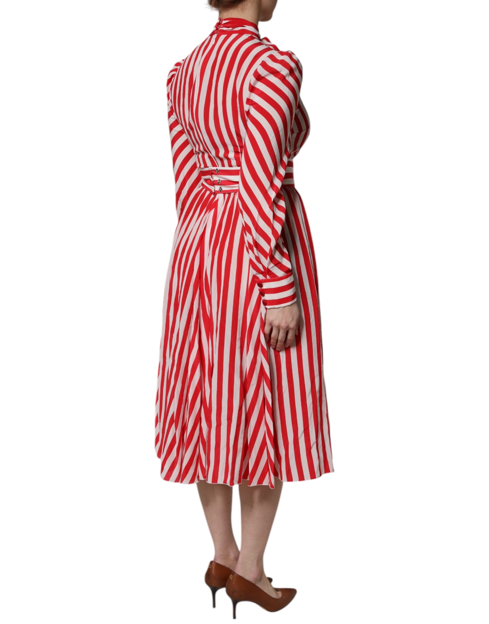 White Red Stripes Long Sleeves Midi Dress - ventzia