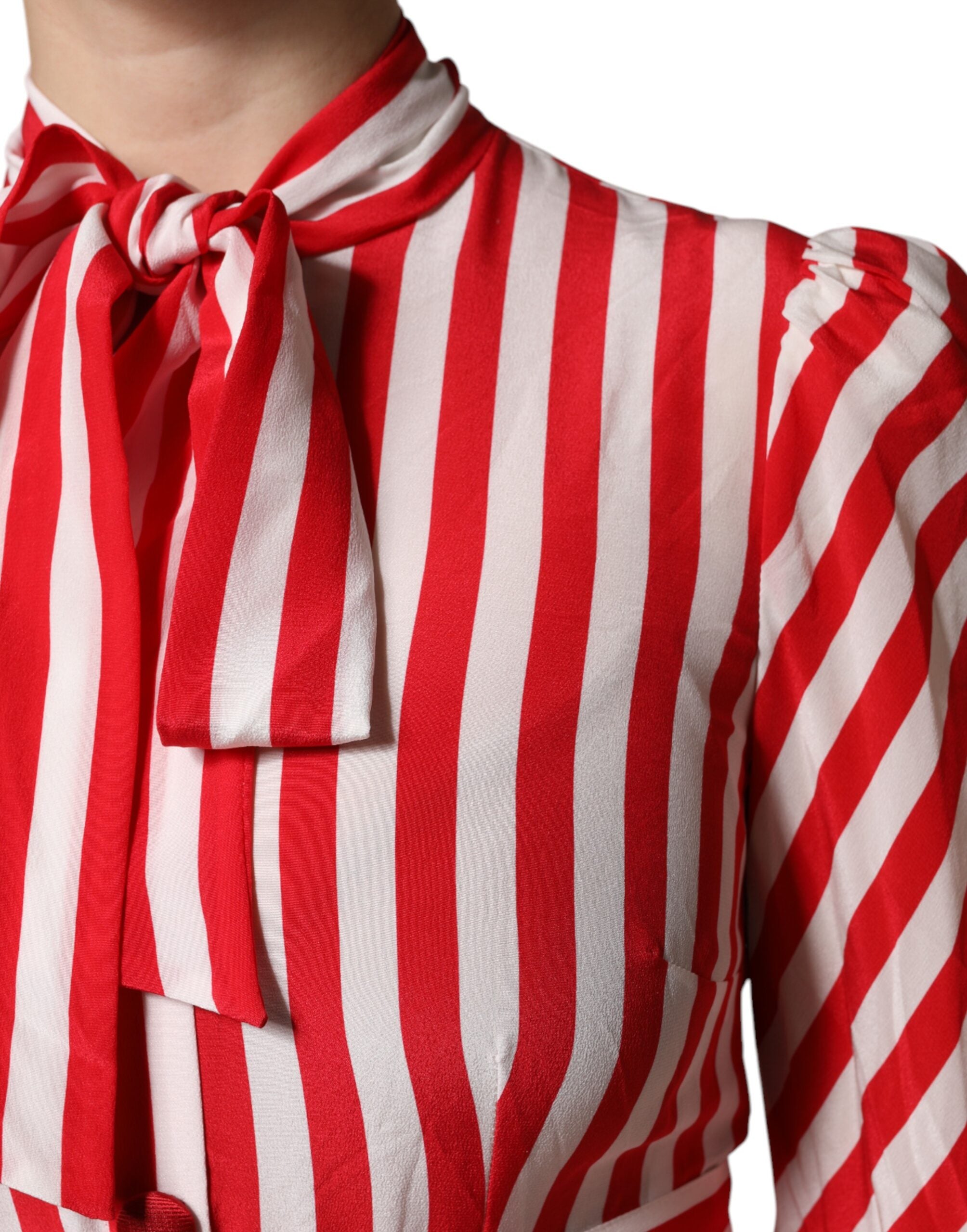 White Red Stripes Long Sleeves Midi Dress - ventzia